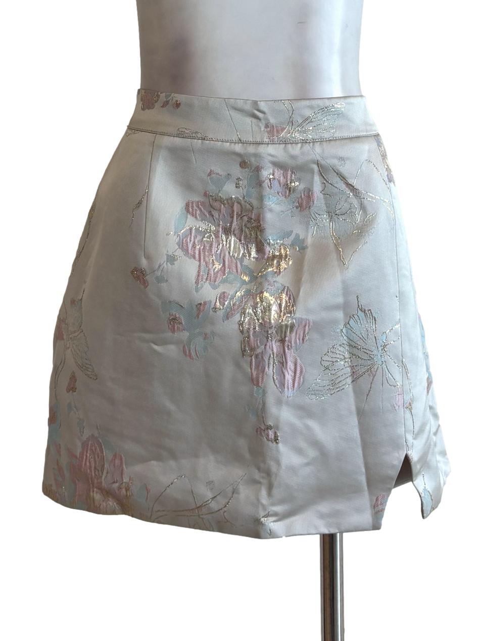 Champagne White Floral Embroidery Mini Skirt
