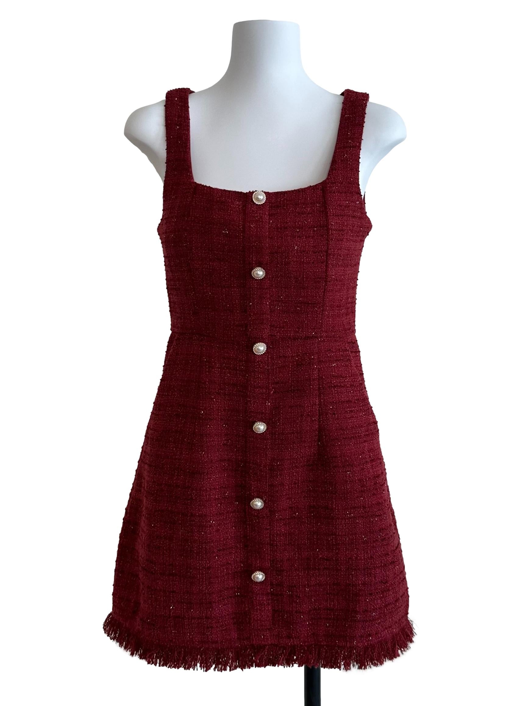 Ruby Red Square Neck Tweed Textured Button Dress