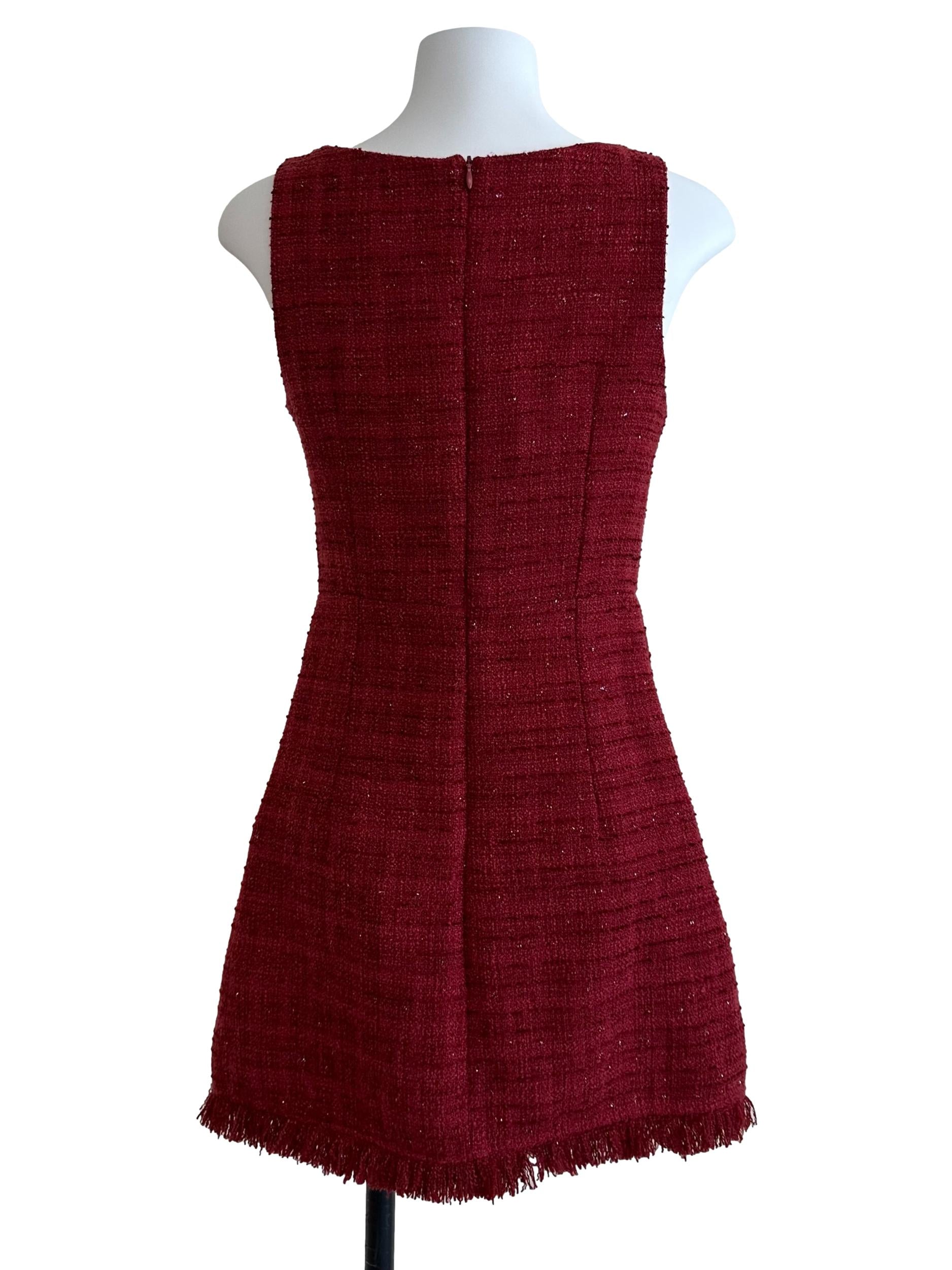 Ruby Red Square Neck Tweed Textured Button Dress