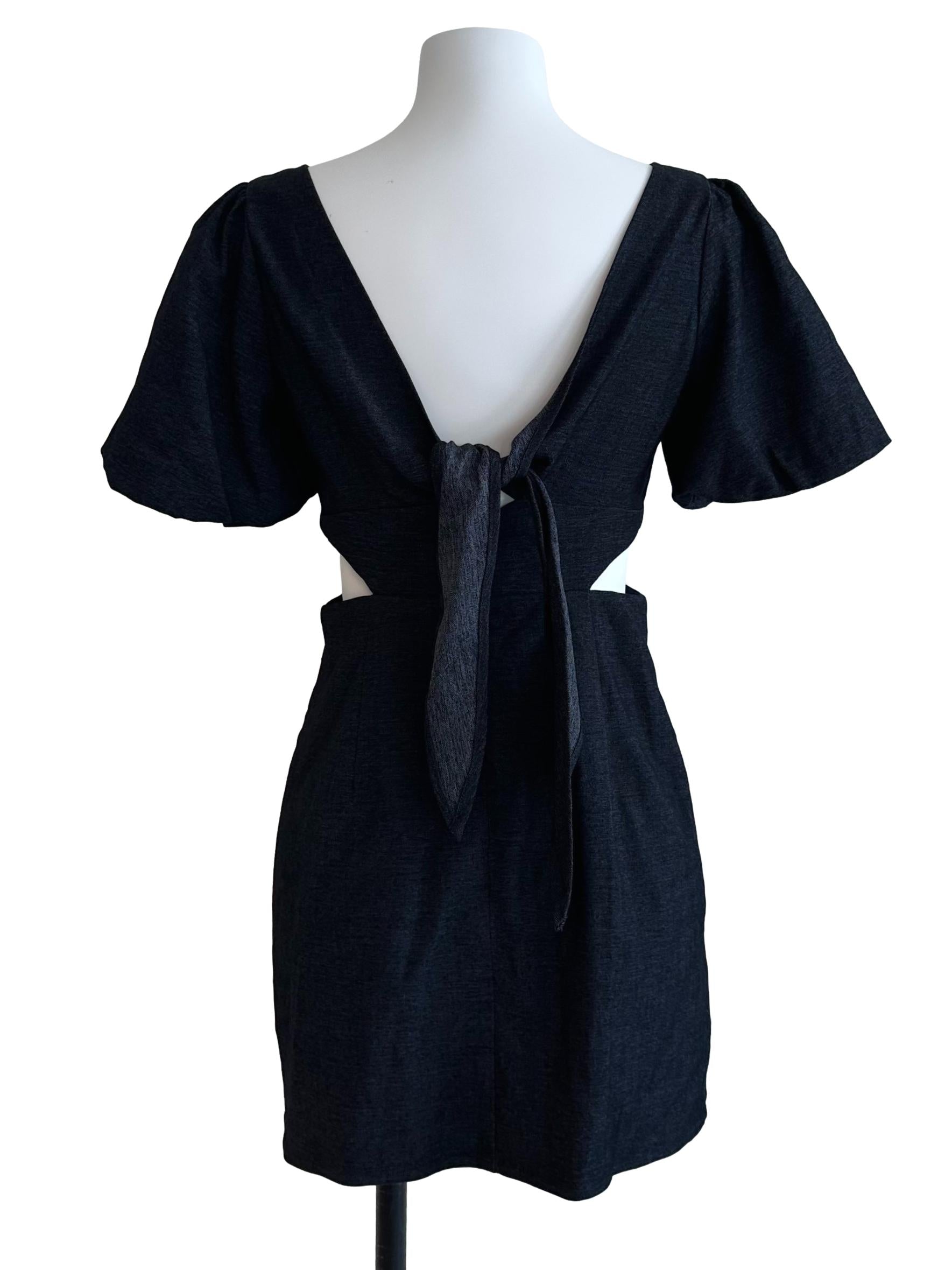 Midnight Blue Square Neck Side Open Back Tie Dress
