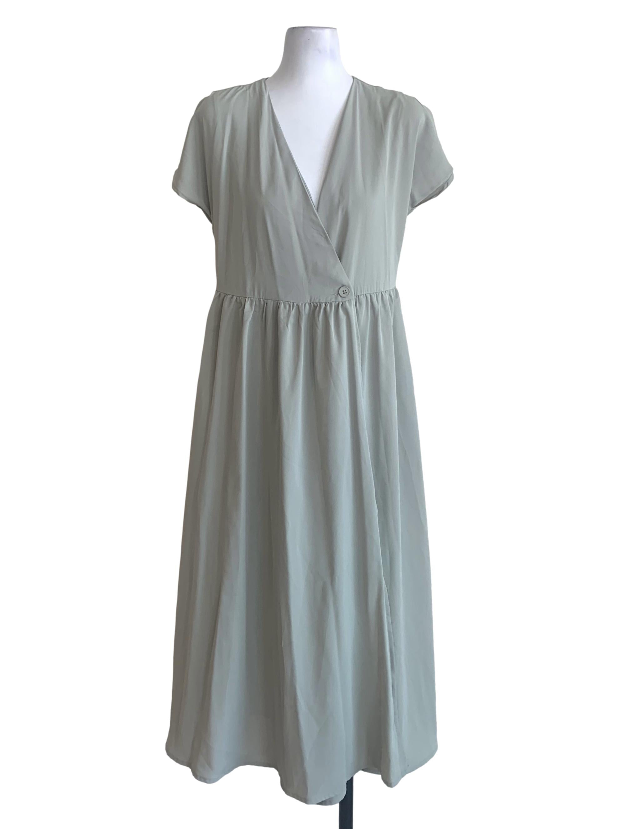 Sage Green V Neck Drop Waist Dress