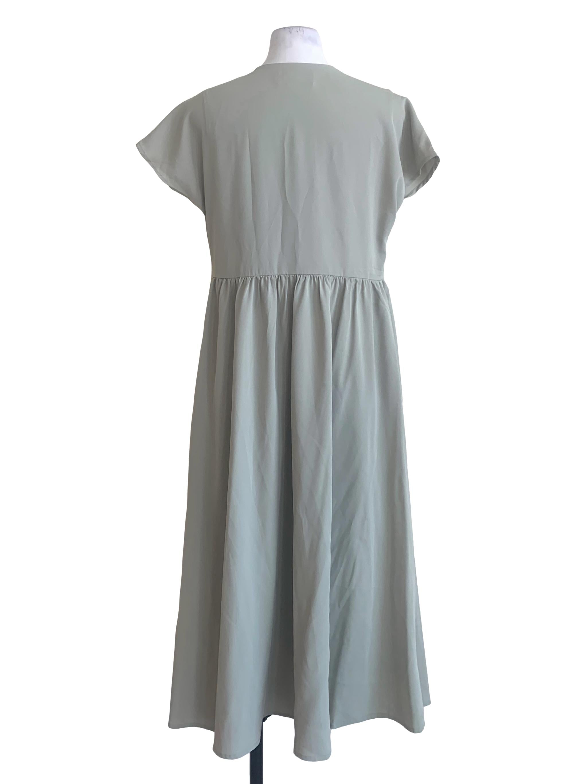 Sage Green V Neck Drop Waist Dress