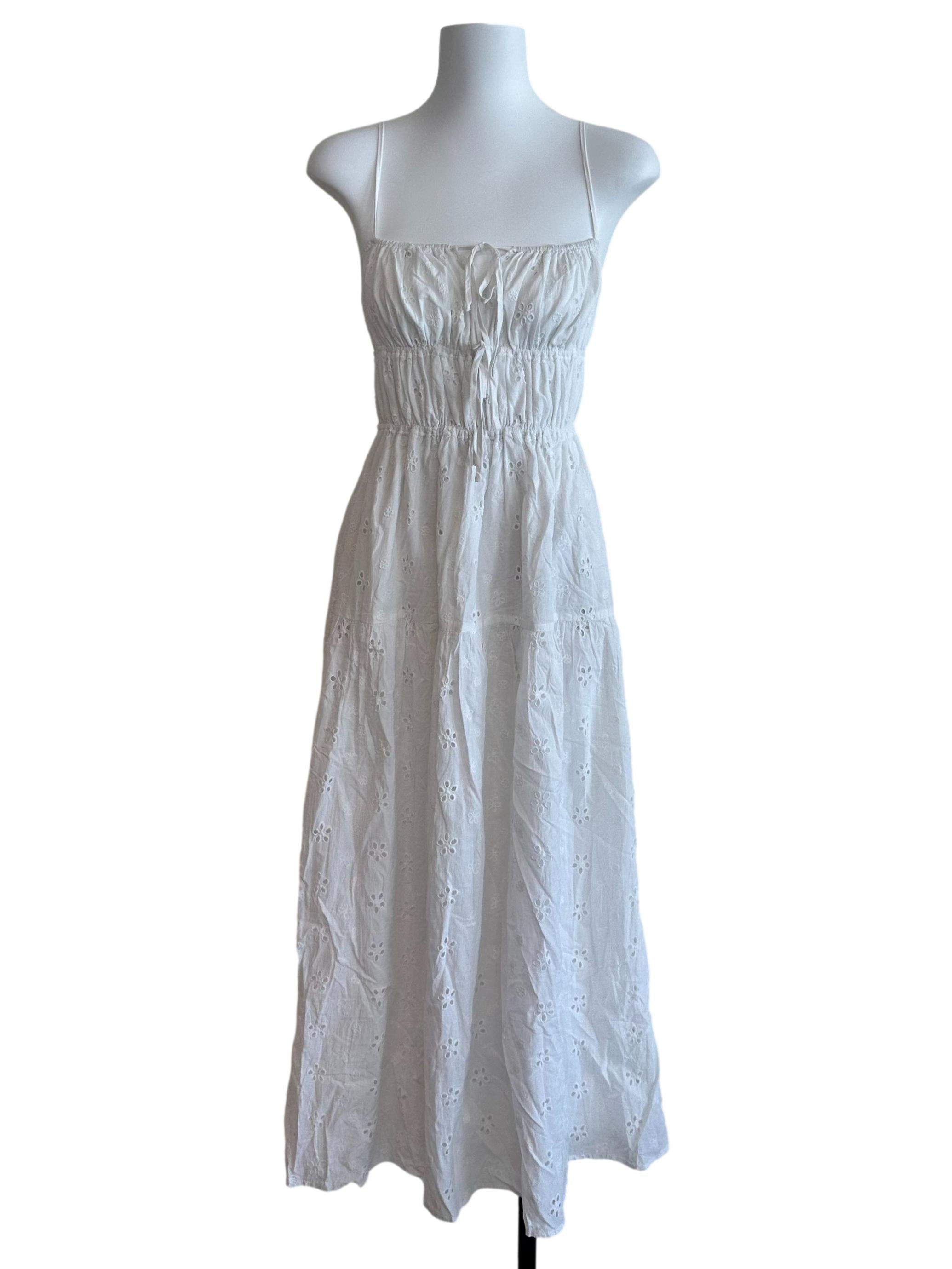 Ivory White Square Neck Ruched Eyelet Embroidery Dress