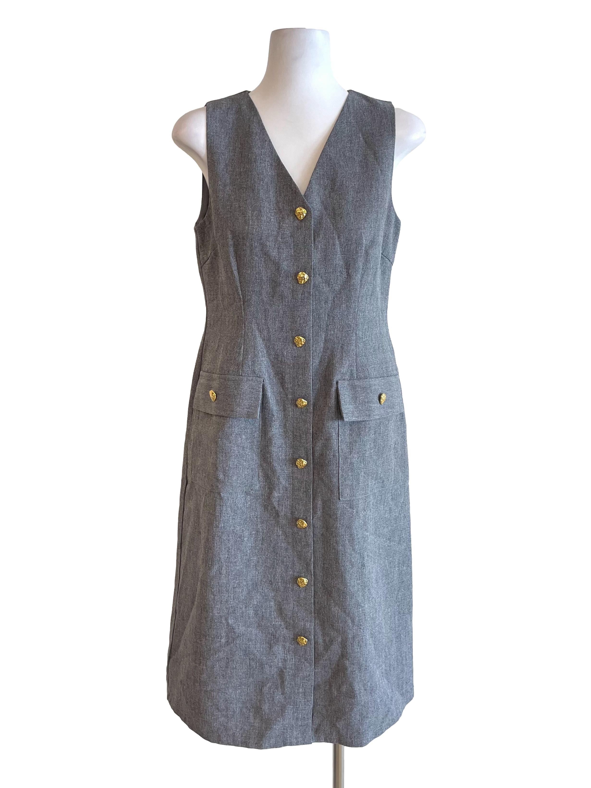 Grey Gold Buttons Formal Slip Dress