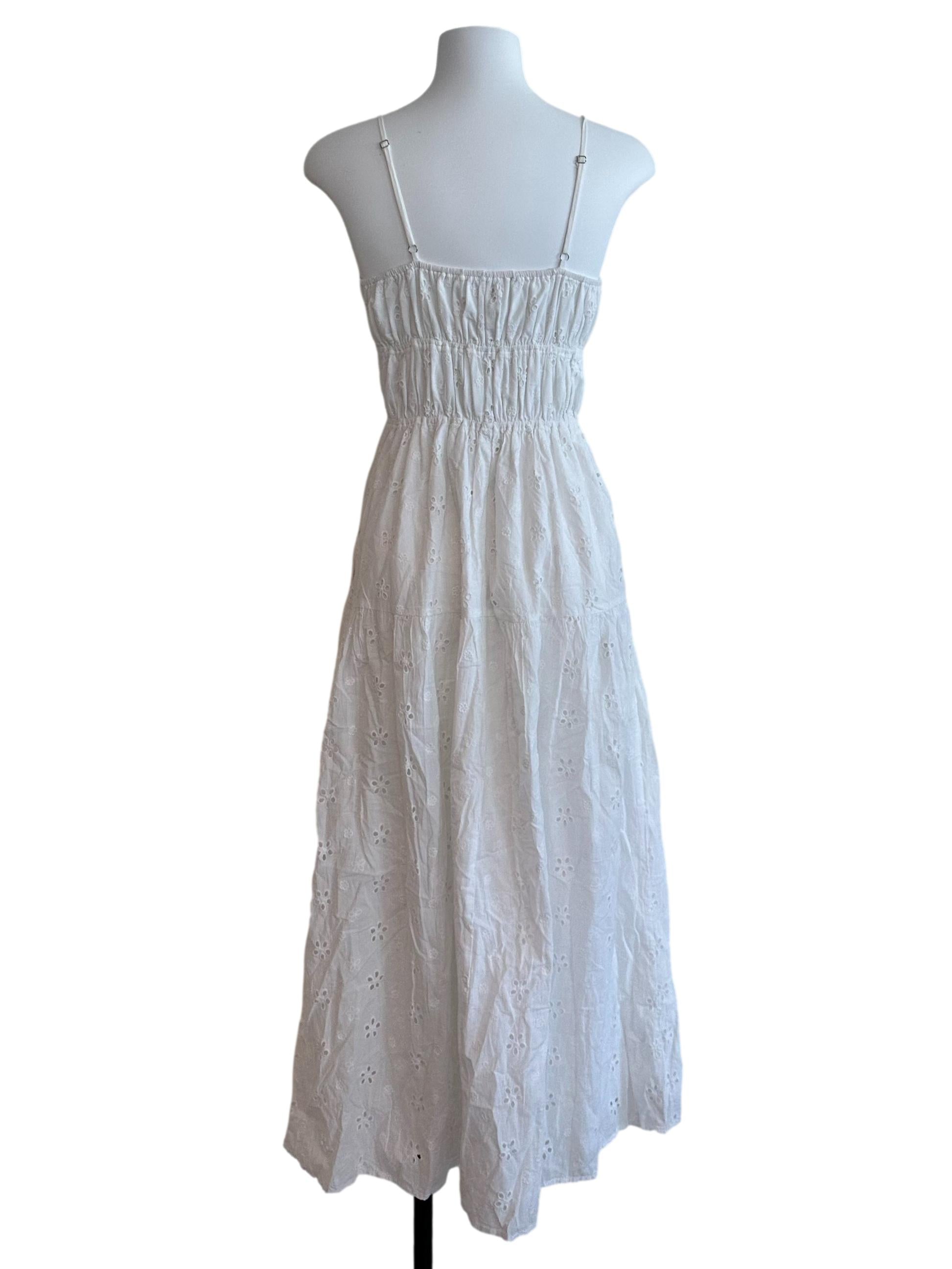Ivory White Square Neck Ruched Eyelet Embroidery Dress