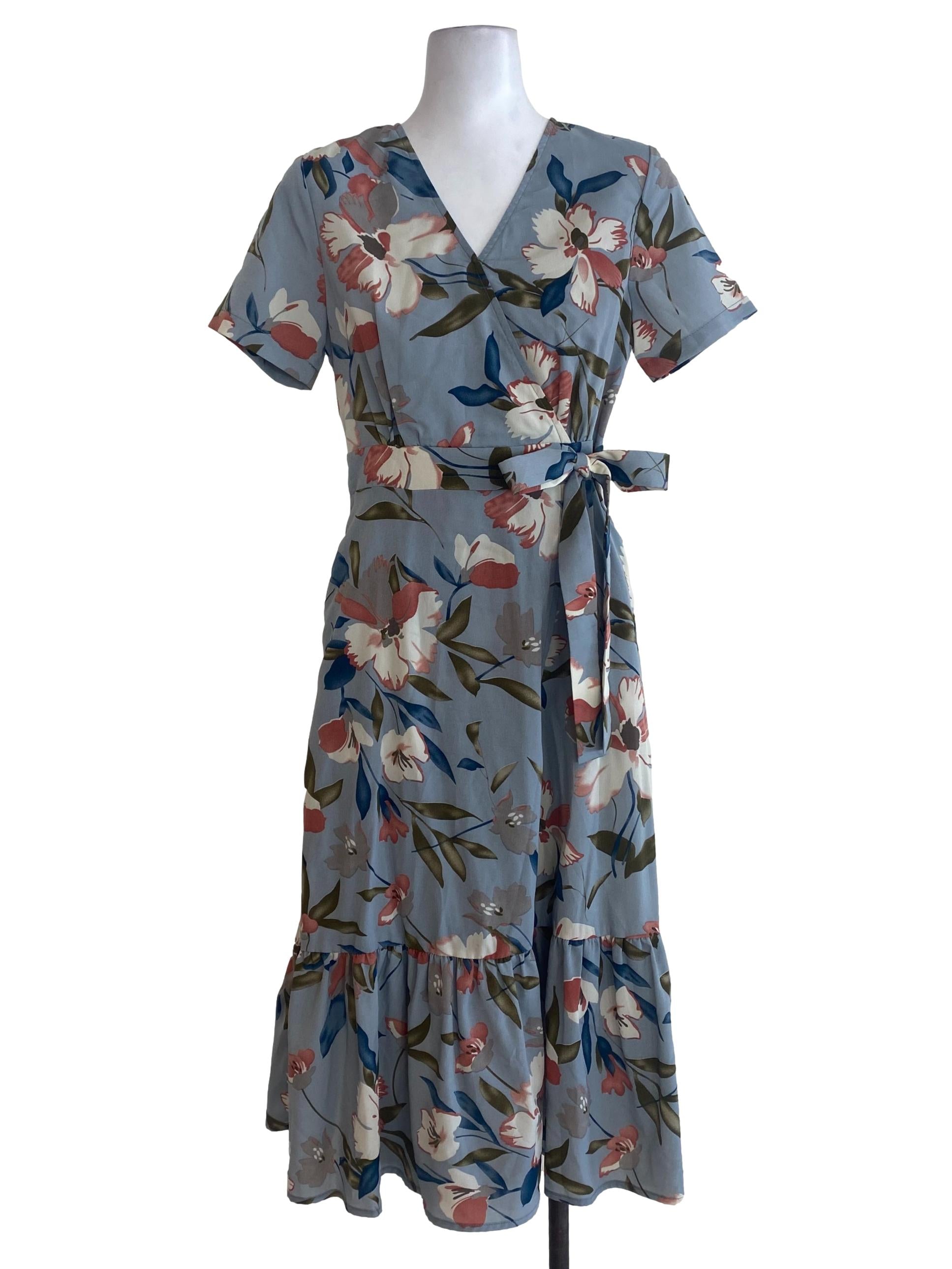 Blue Floral Wrap Dress