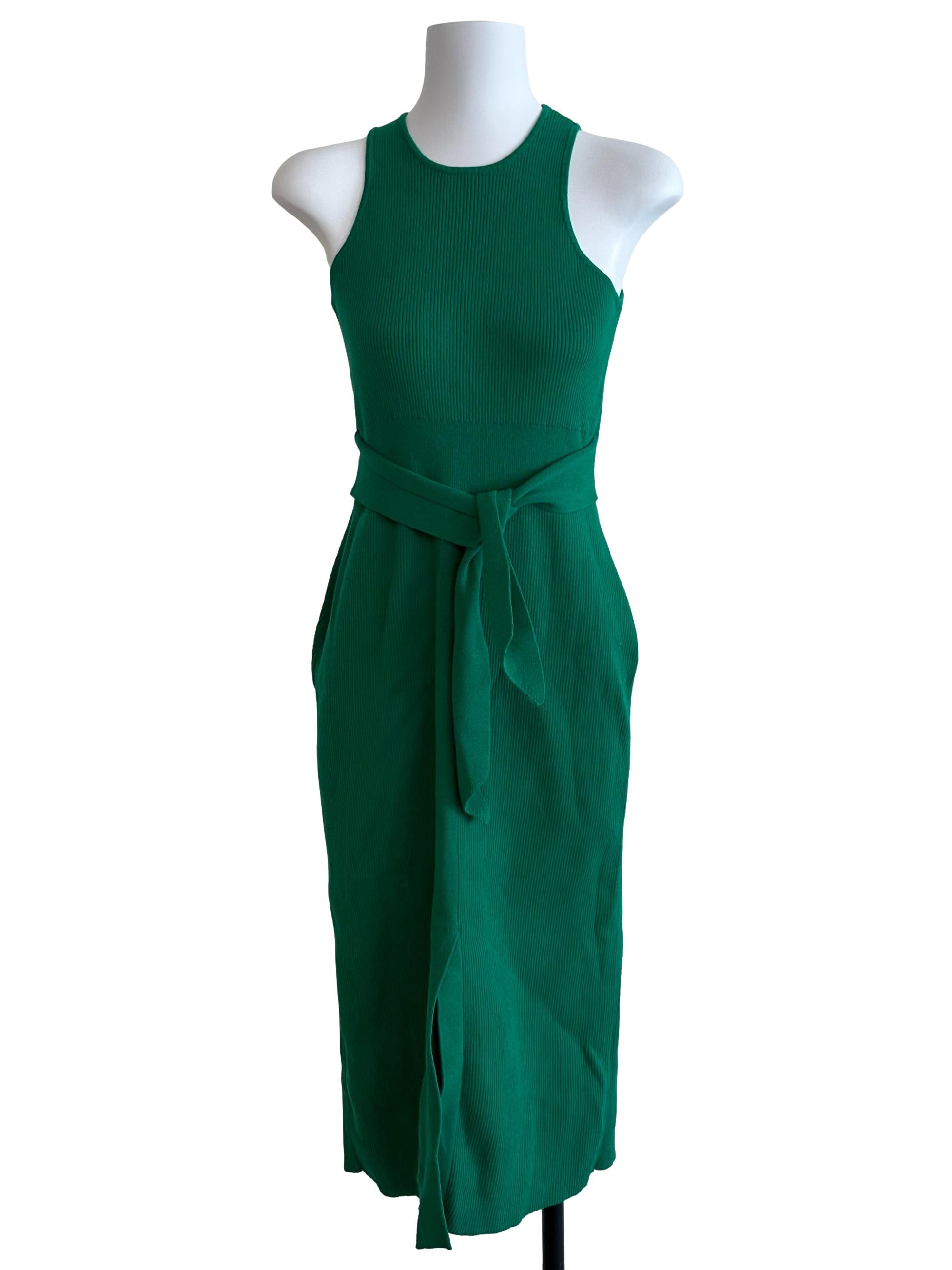 Fern Green Round Neck Strap Knit Slit Dress