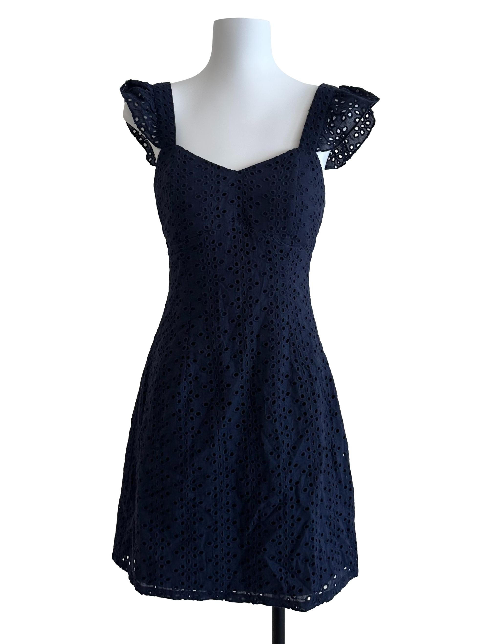Navy Blue Eyelet Embroidery Back Tie Dress