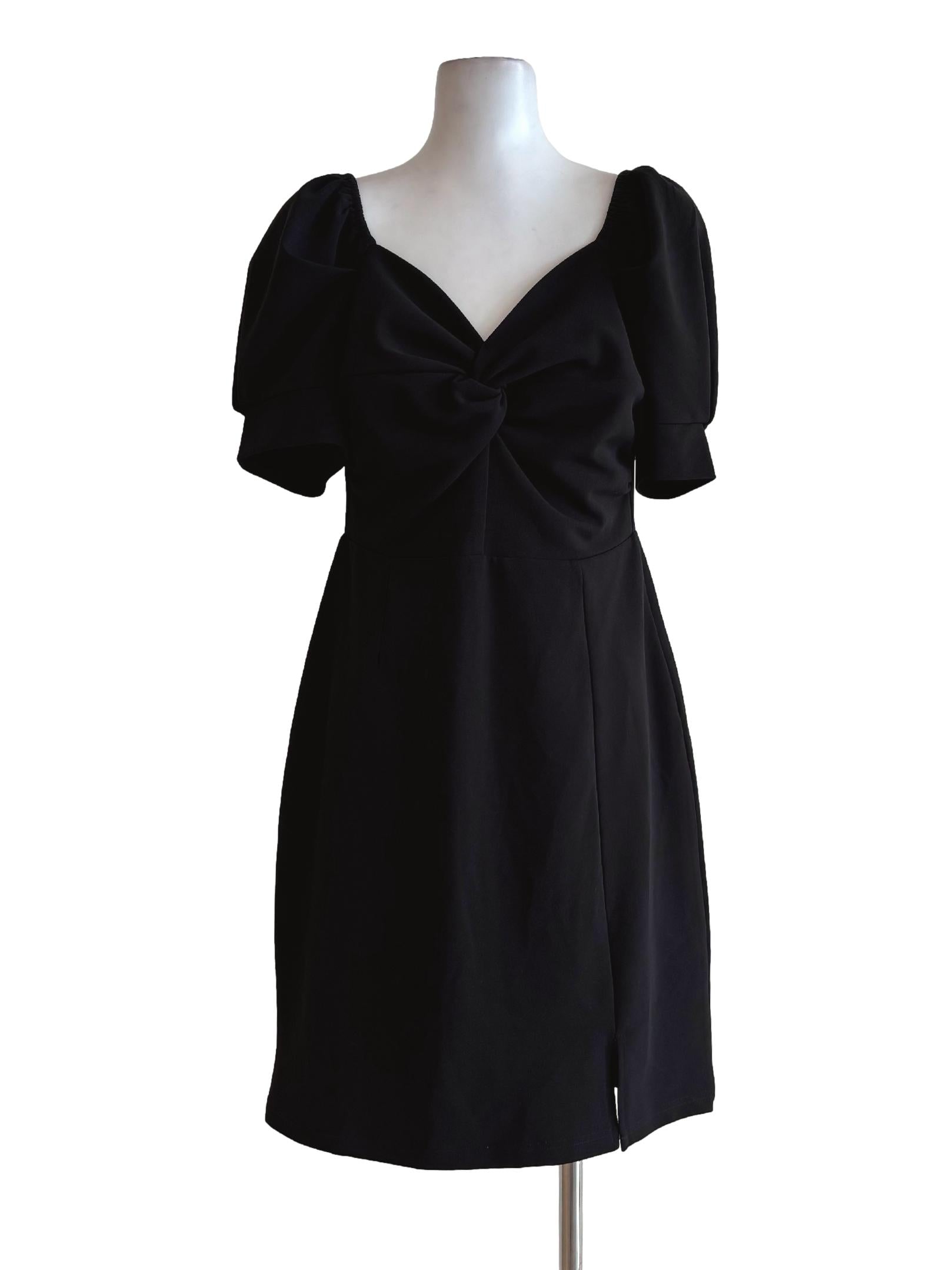 Soft Black Front Knot Short Sleeve Dress