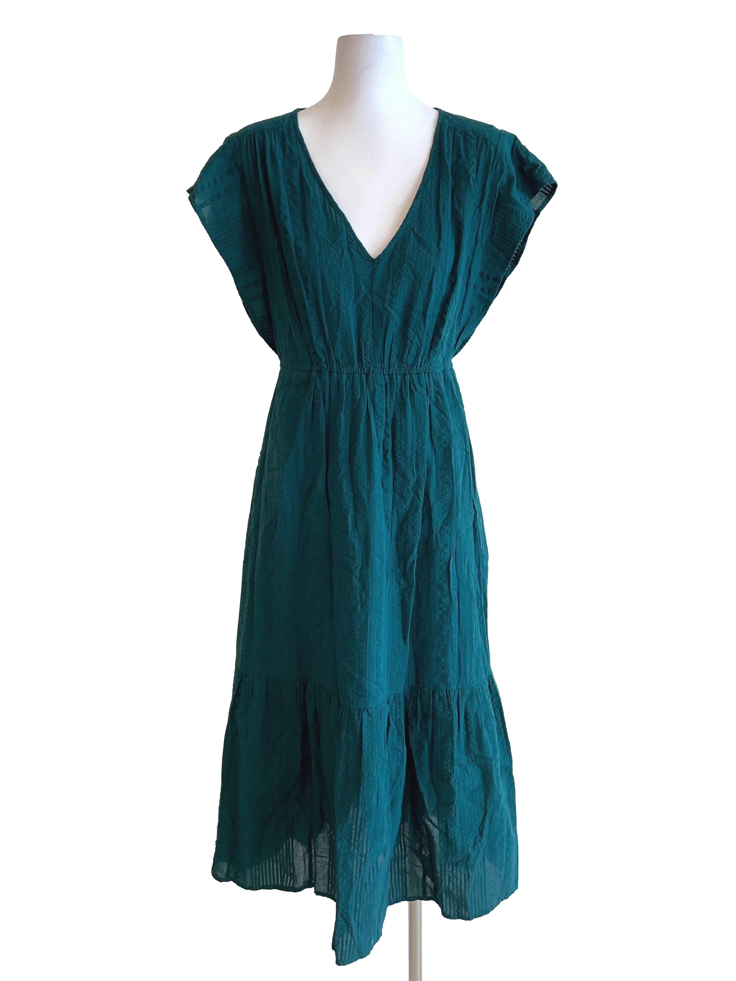 Cool Pine Textured V Neck Dress