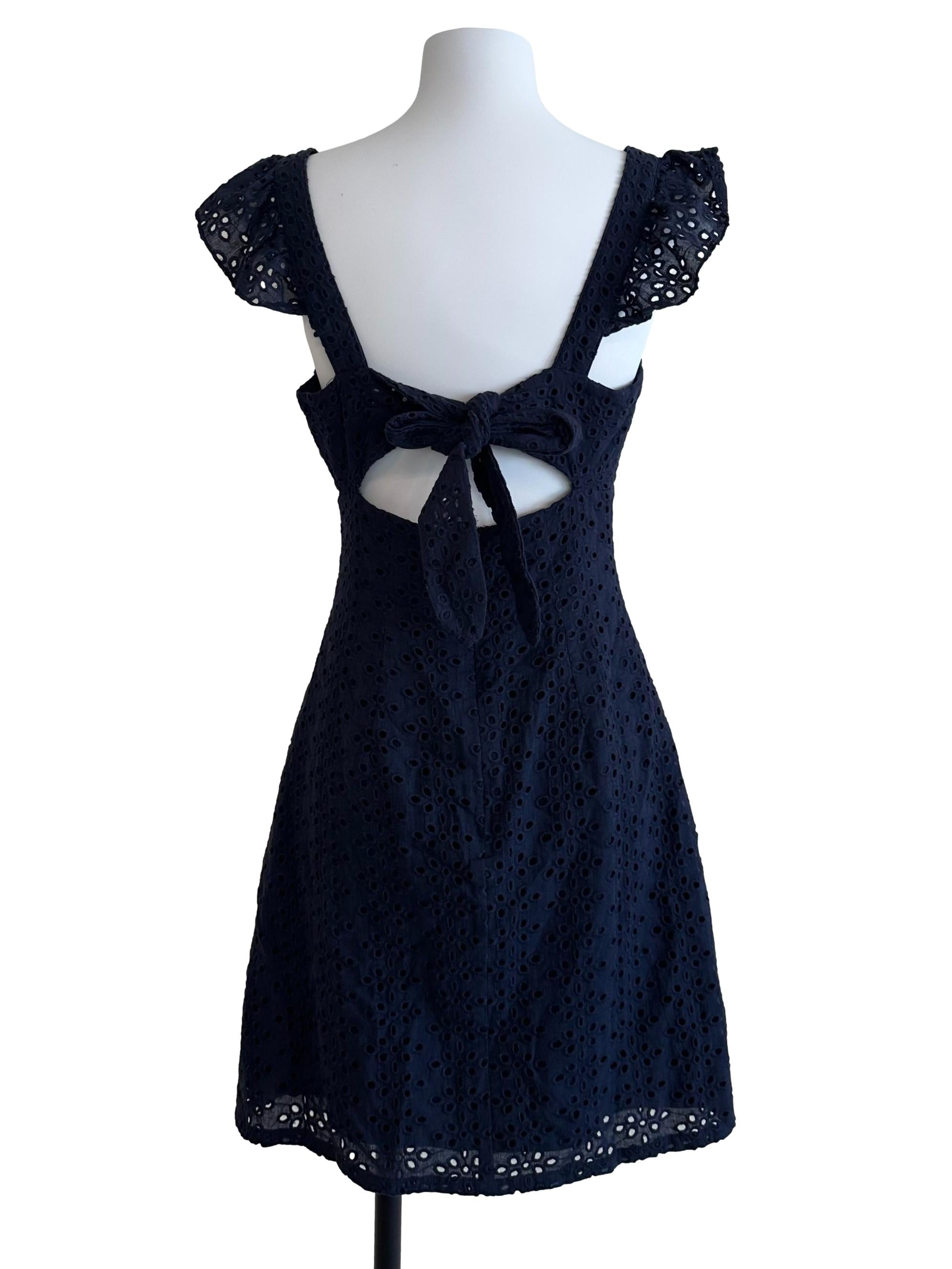 Navy Blue Eyelet Embroidery Back Tie Dress