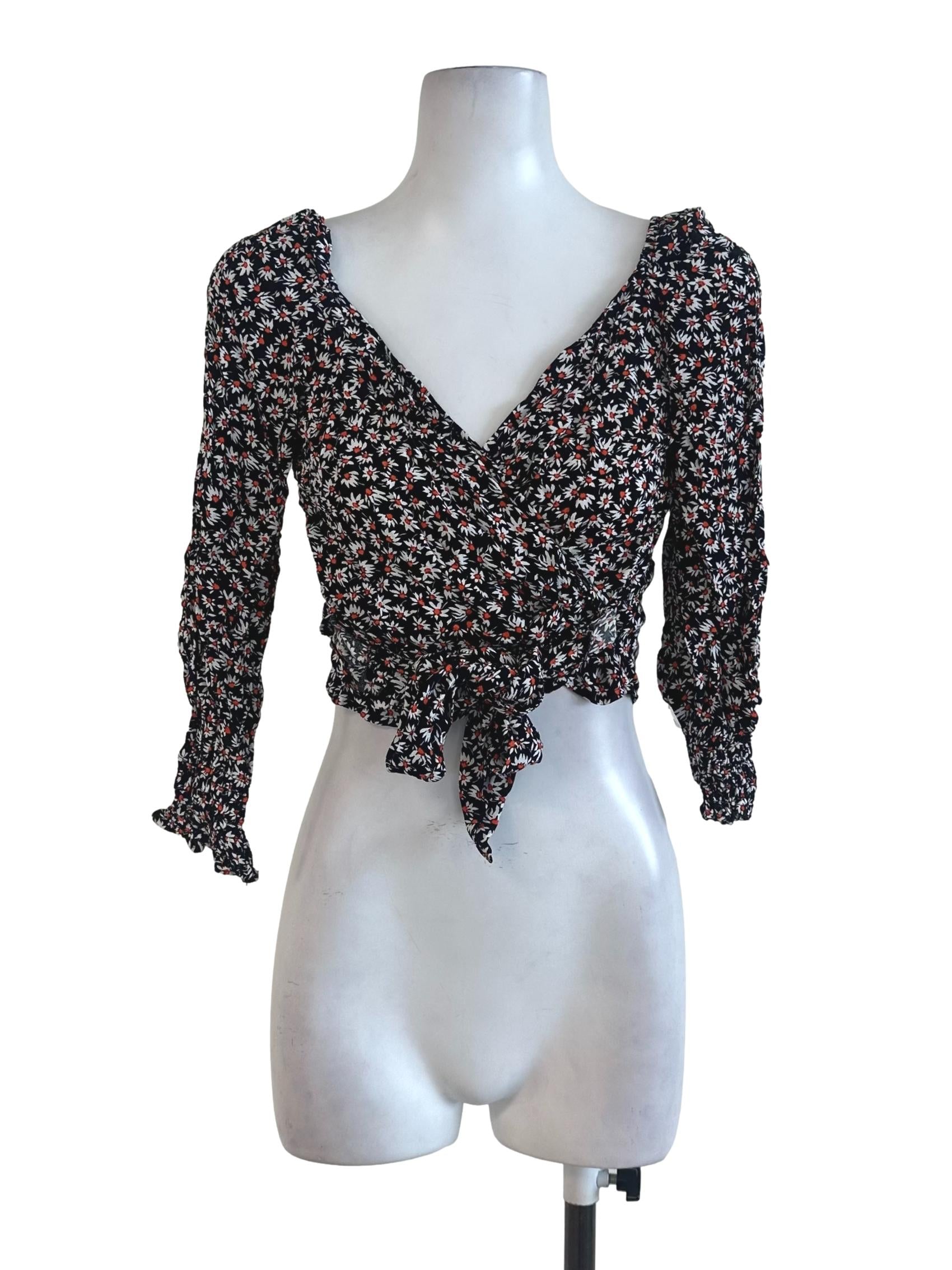 Black Floral Wrap Top