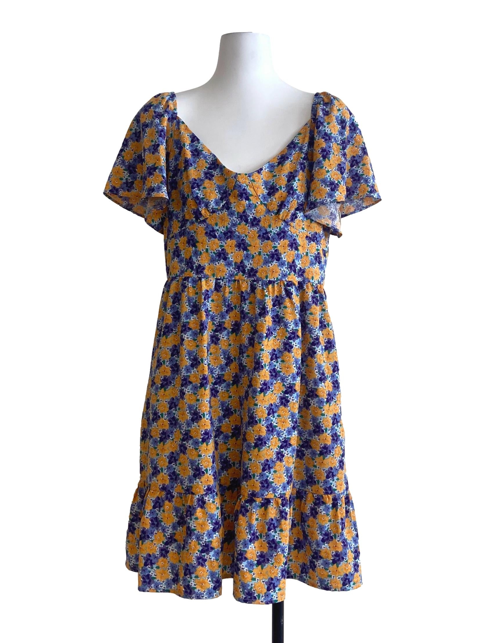 Purple & Orange Floral Drop Waist Dress