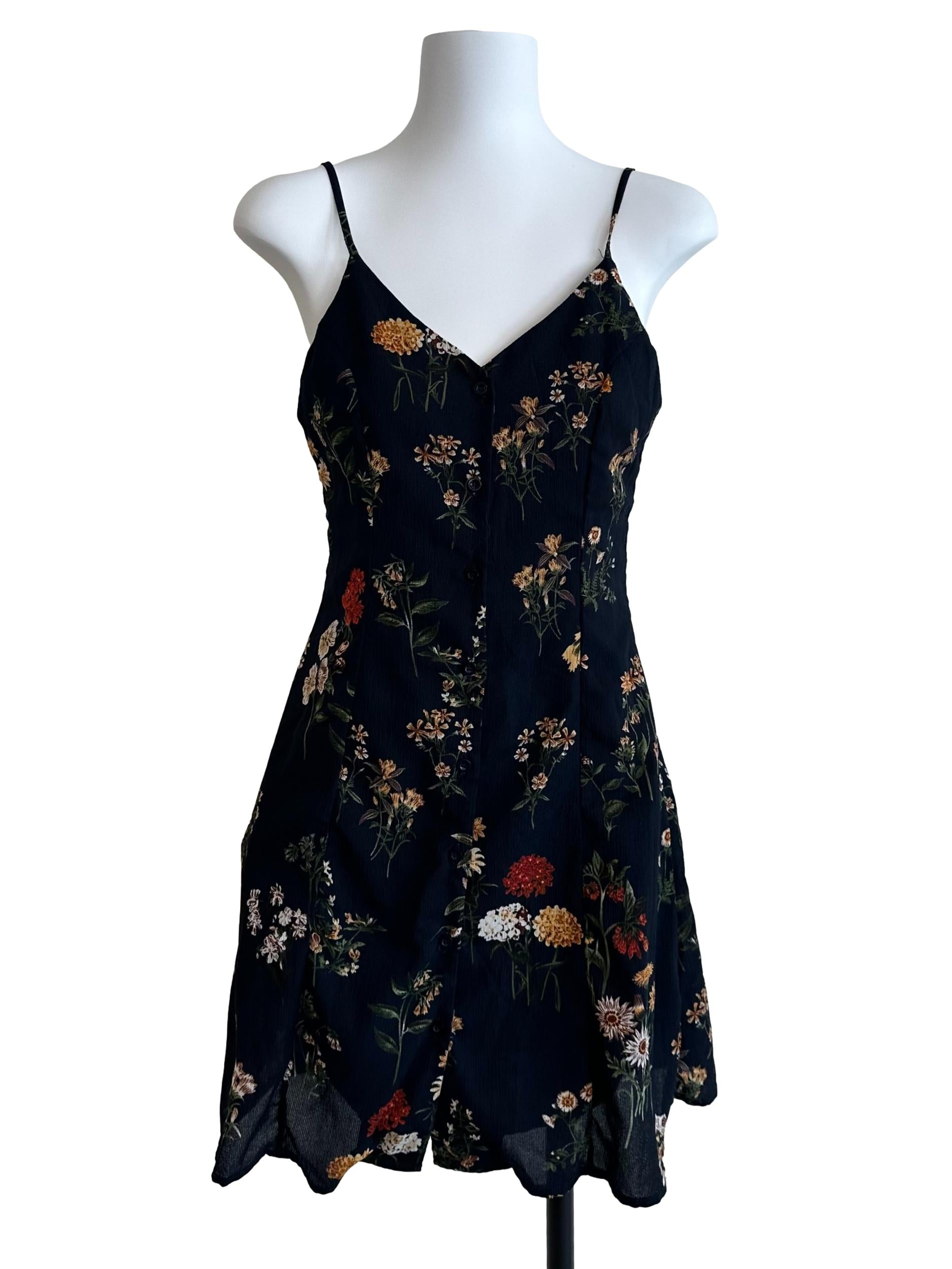 Midnight Blue V Neck Floral Pattern Dress