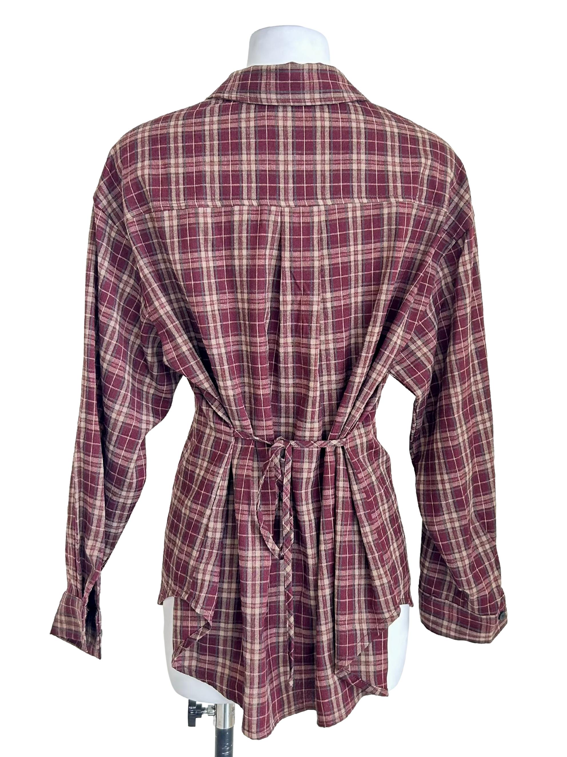 Maroon Plaid Tie Back Button Down Shirt
