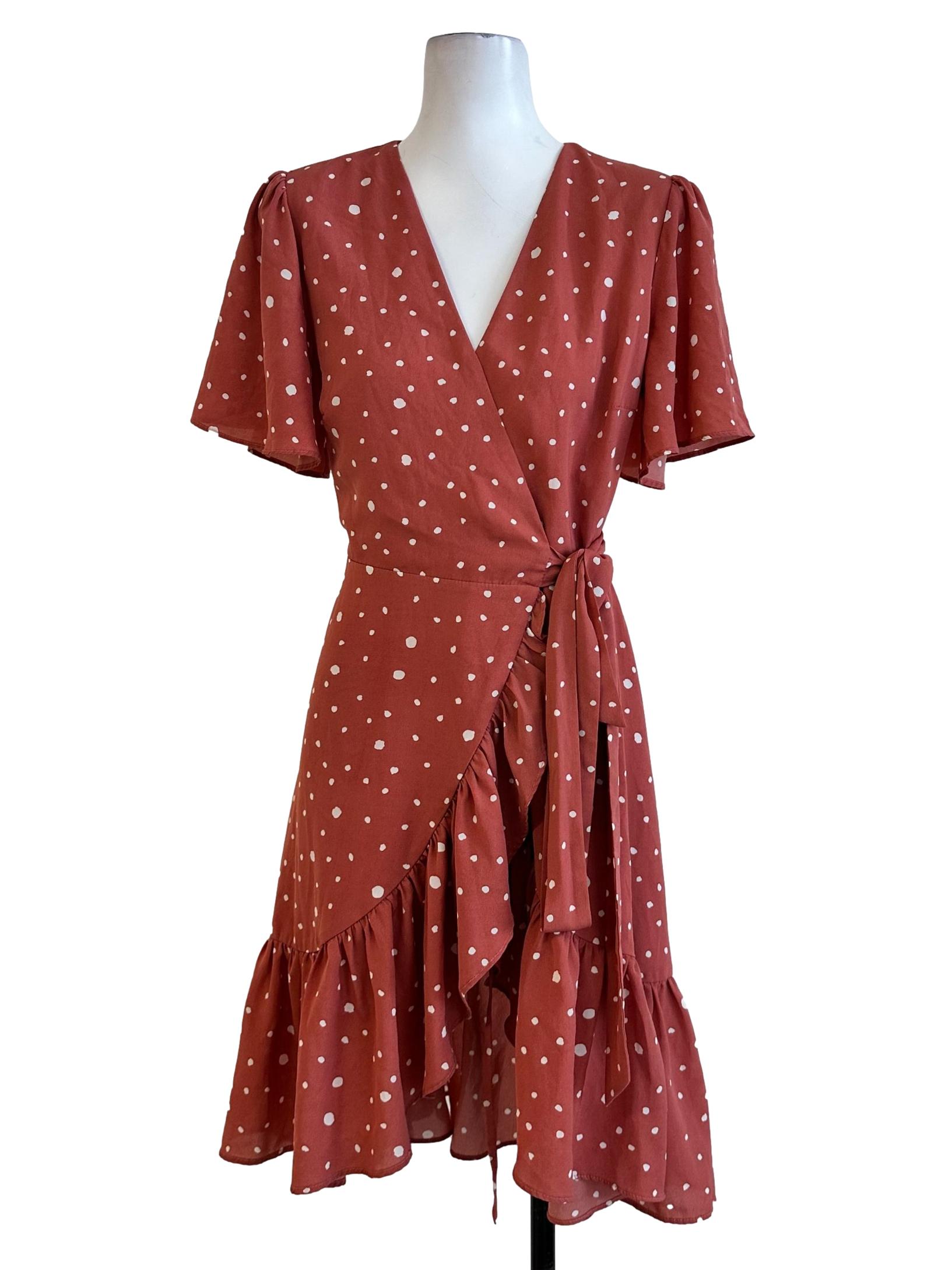 Orange Pink Polka Dot Pattern Wrap Dress
