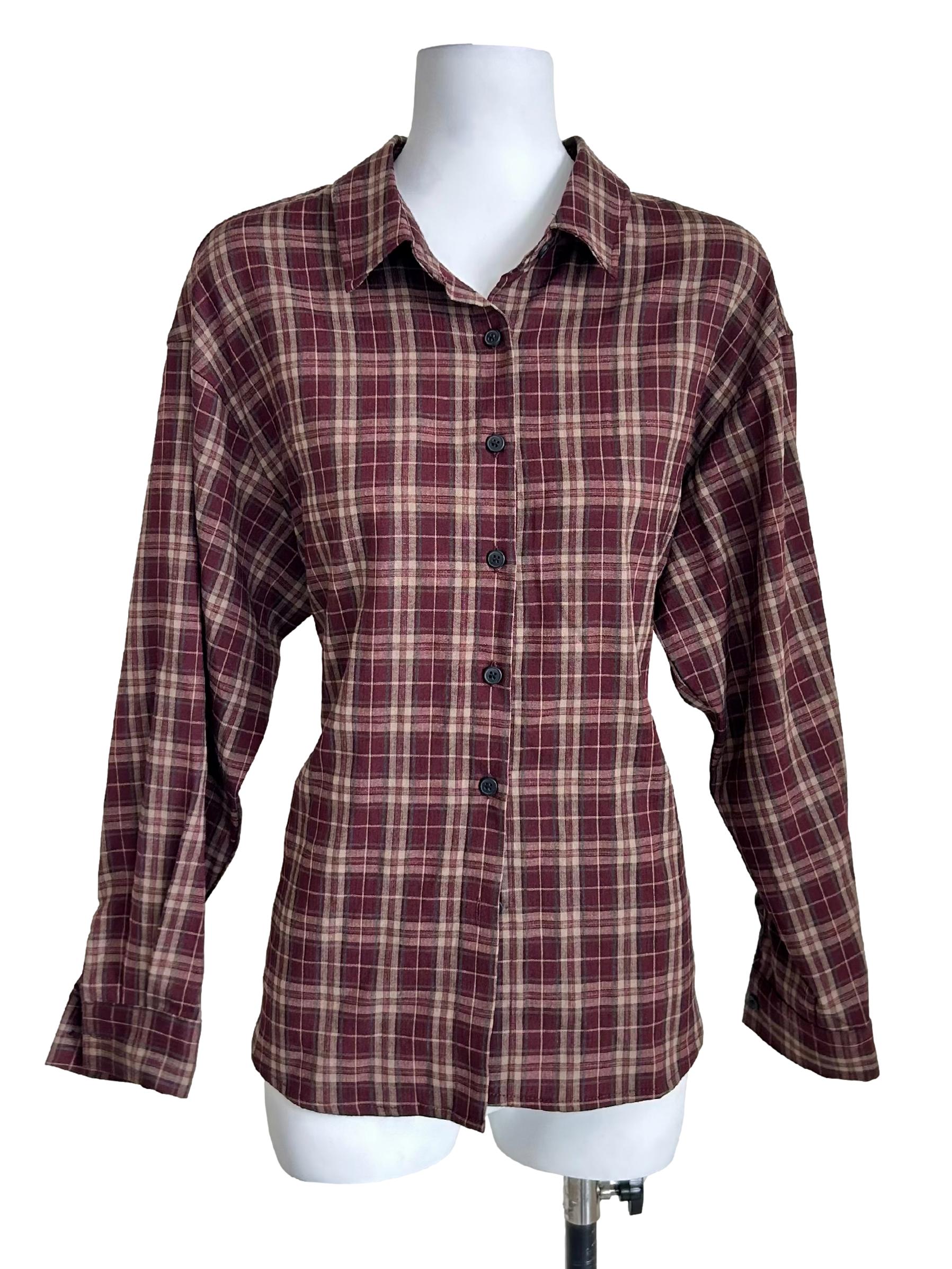 Maroon Plaid Tie Back Button Down Shirt