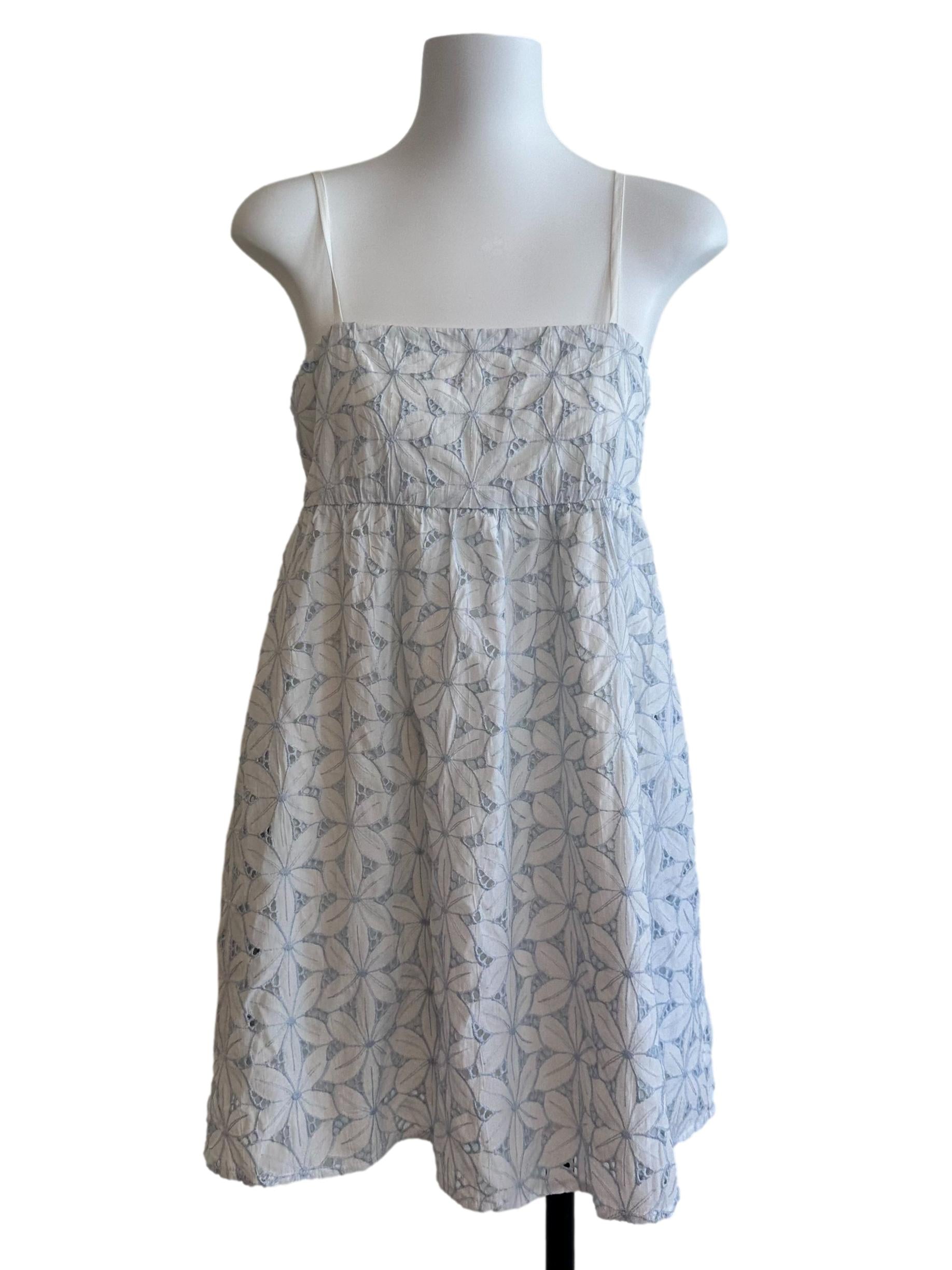 White Blue Floral Textured Lace Dress