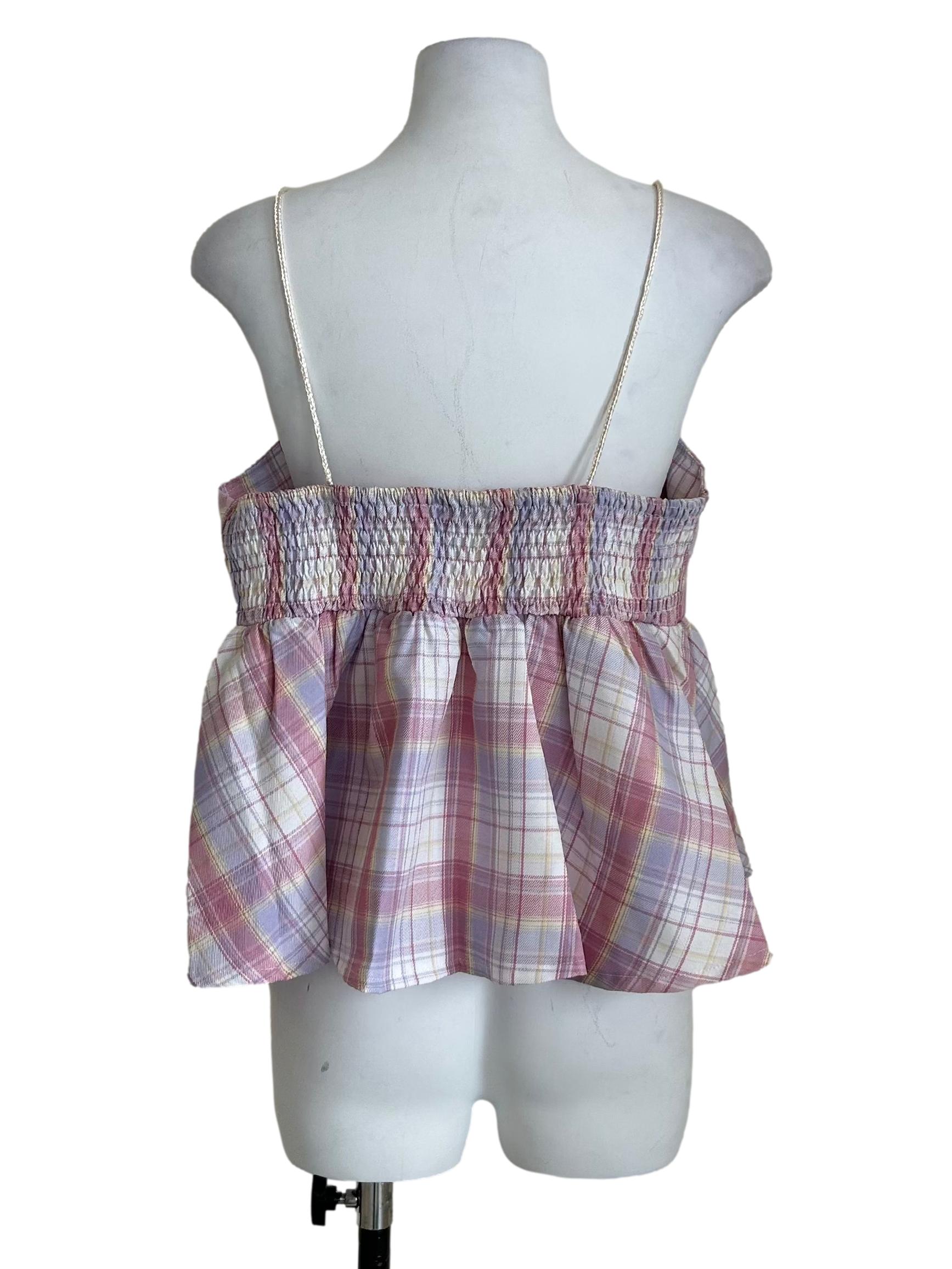 Pink Plaid Strappy Peplum Camisole