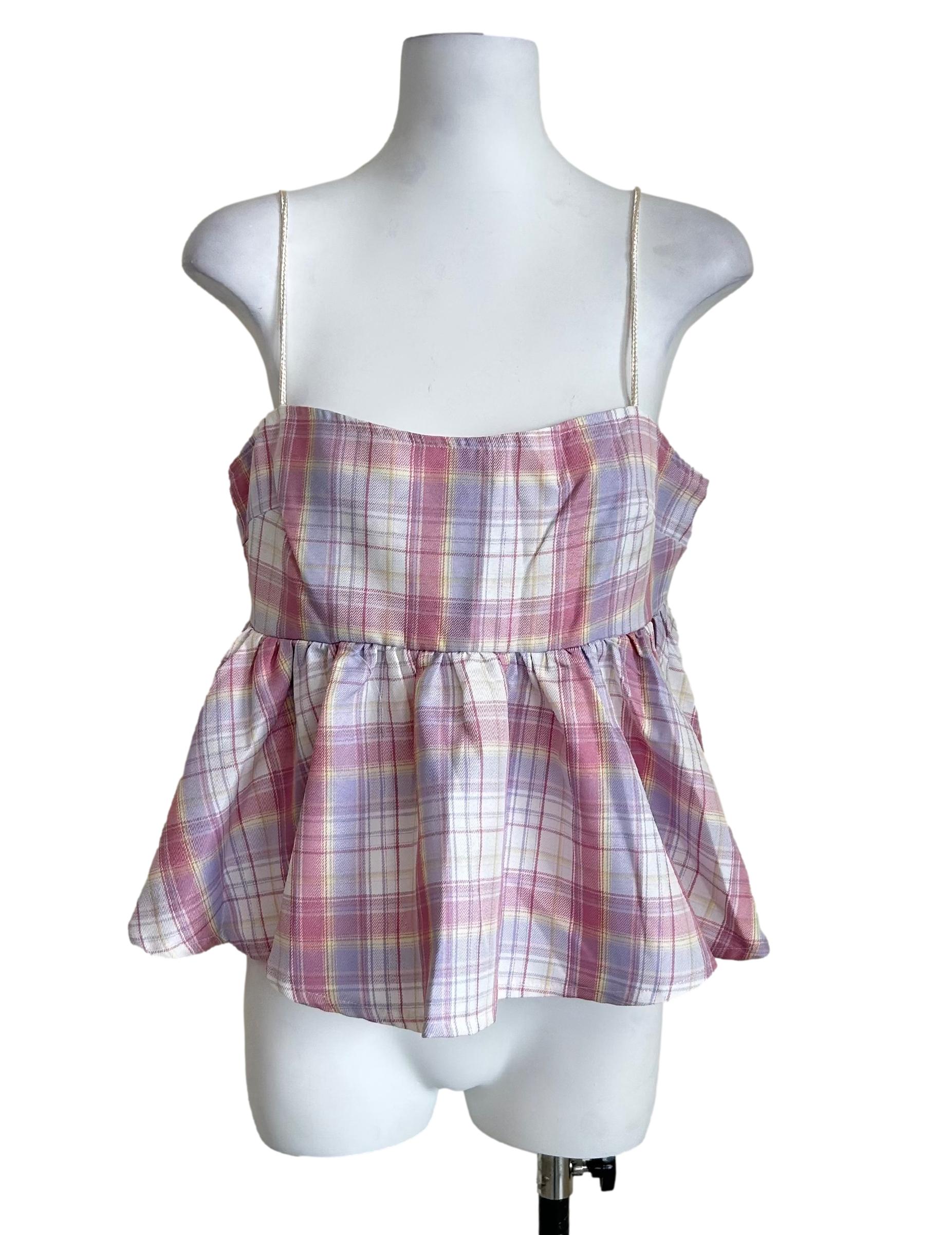Pink Plaid Strappy Peplum Camisole