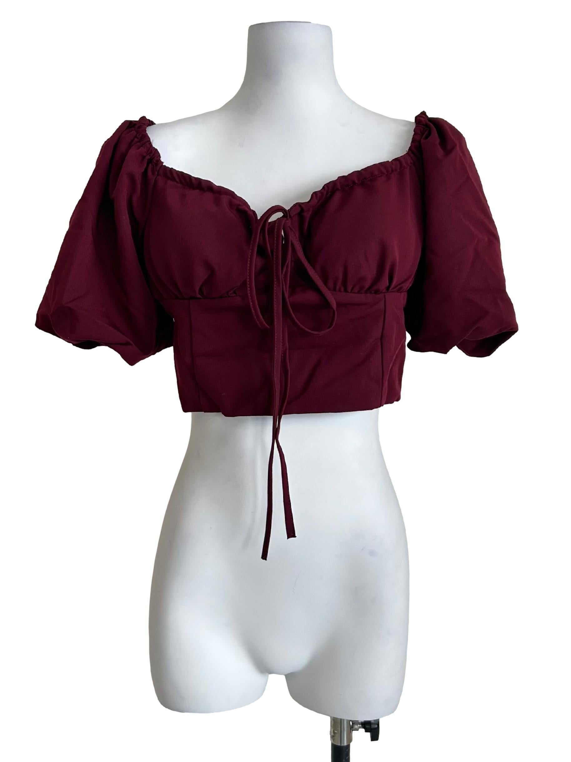 Burgundy Off Shoulder Drawstring Crop Top
