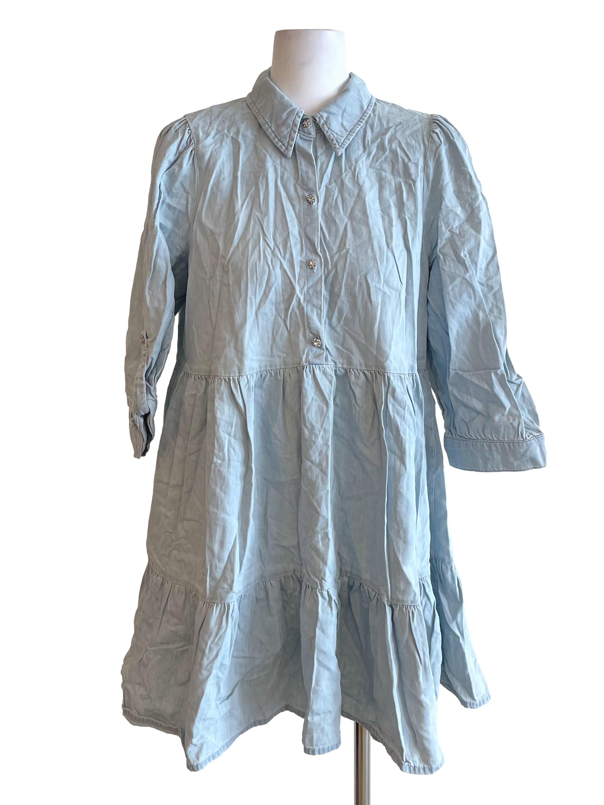 Pale Blue Rhinestone Buttons Babydoll Dress