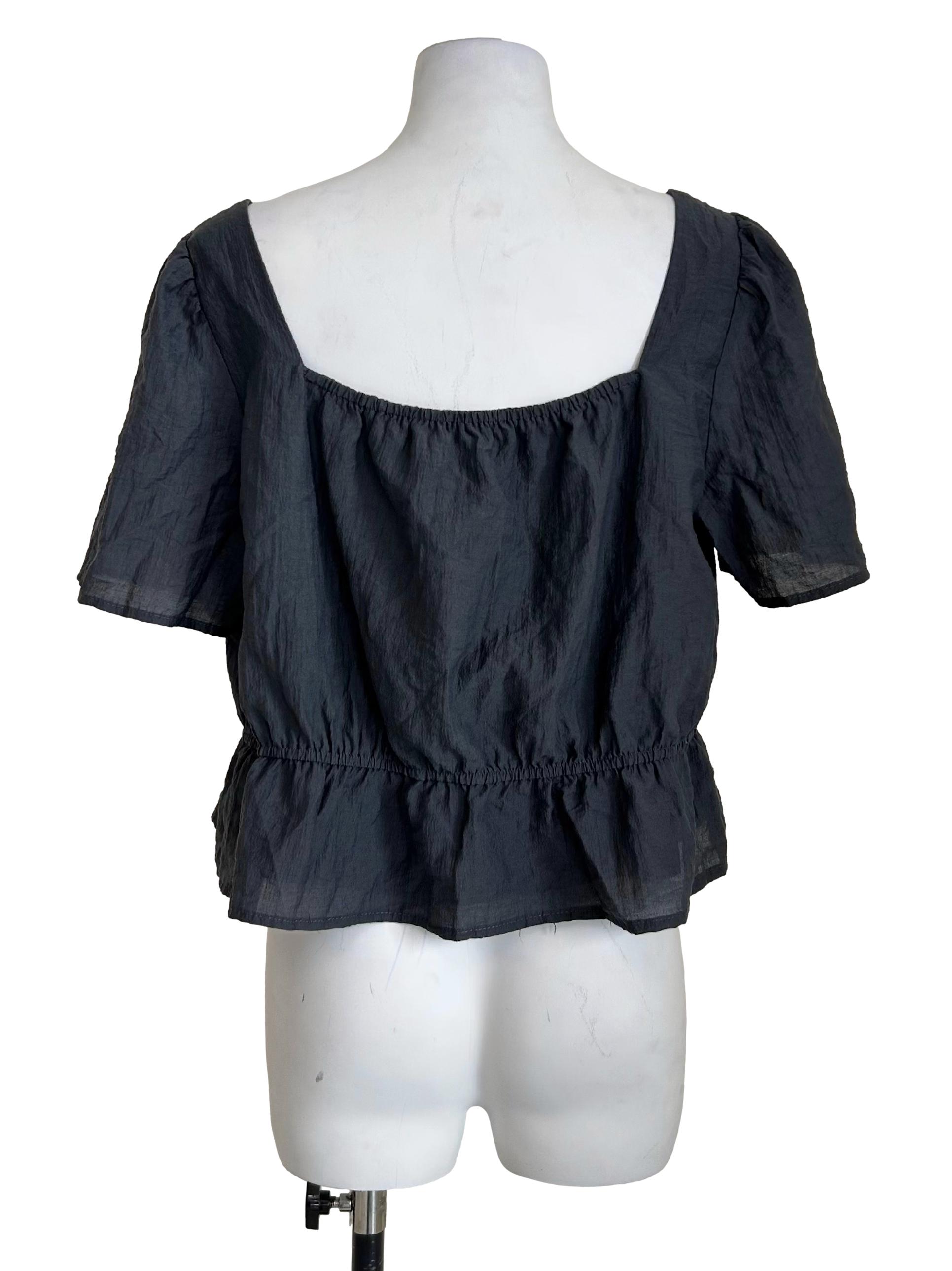 Black Puff Sleeve Tie Front Peplum Top