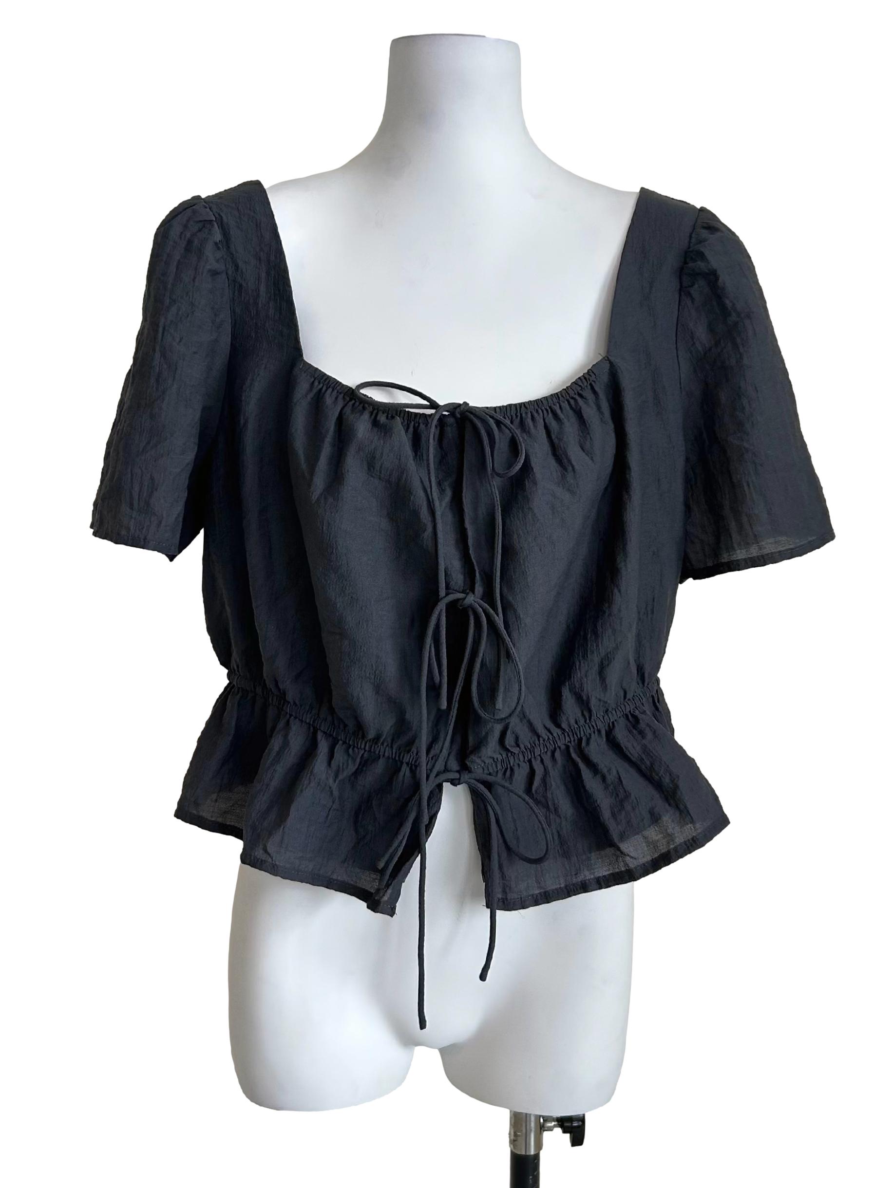 Black Puff Sleeve Tie Front Peplum Top