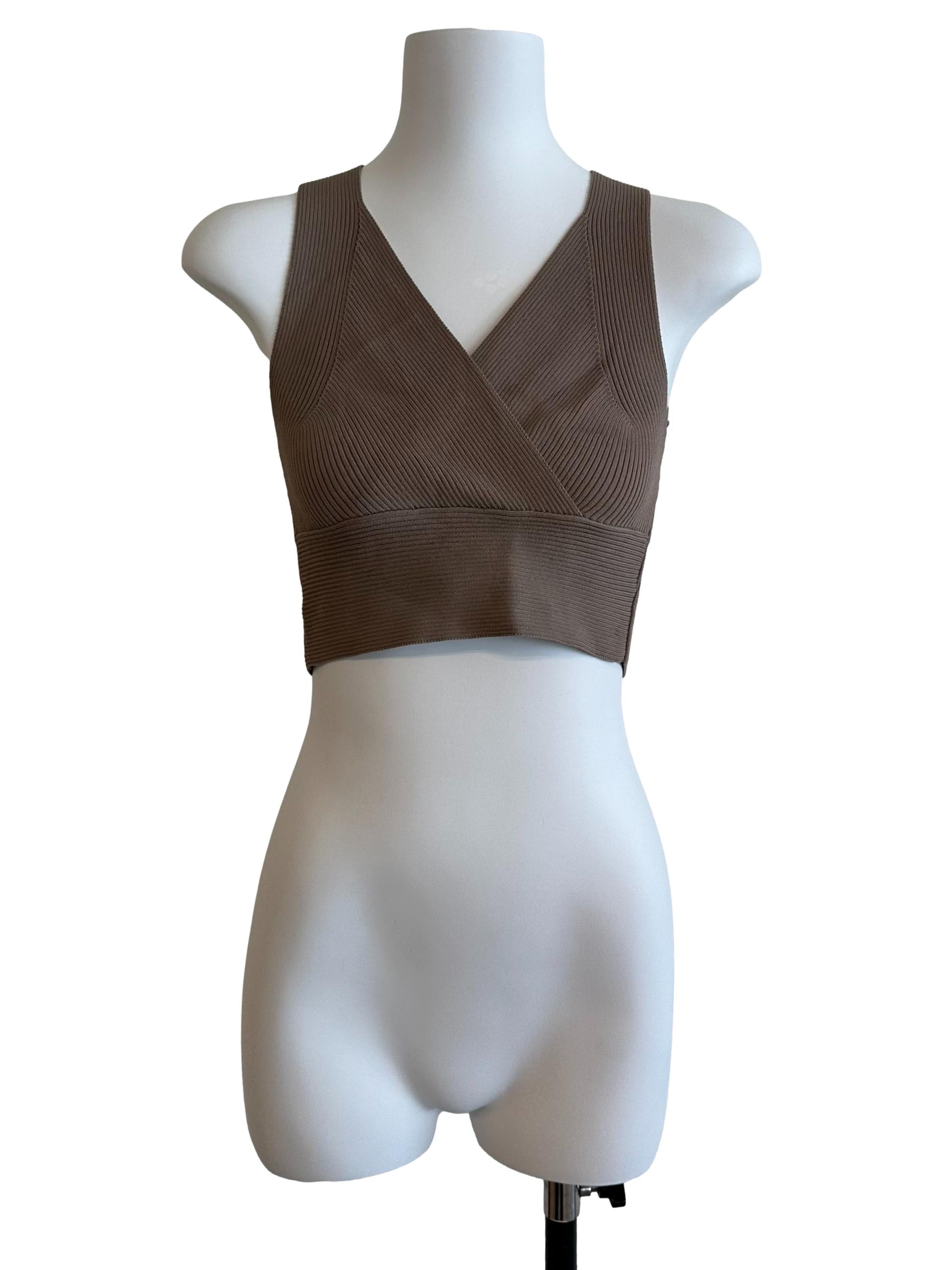 Coffee Brown Knit V Neck Crop Top