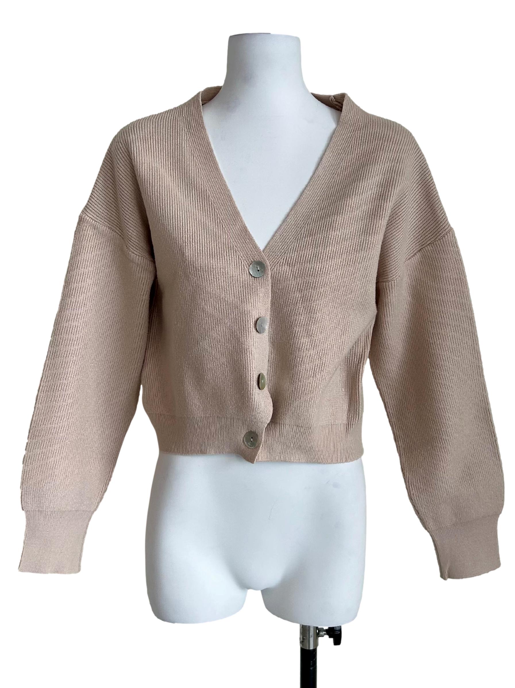 Beige Ribbed Knit Button Cardigan