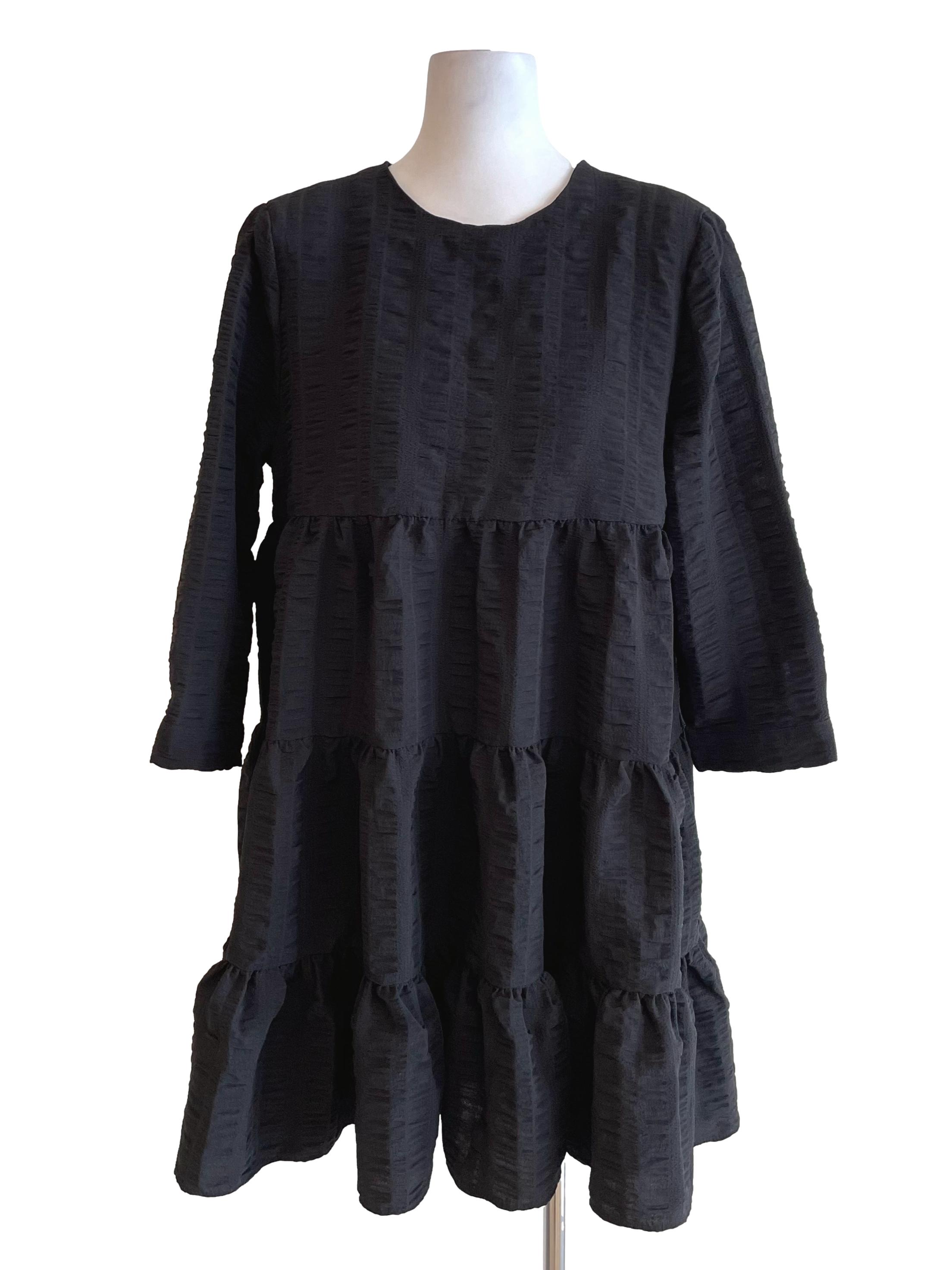 Black Mid Sleeves Tiered Babydoll Dress