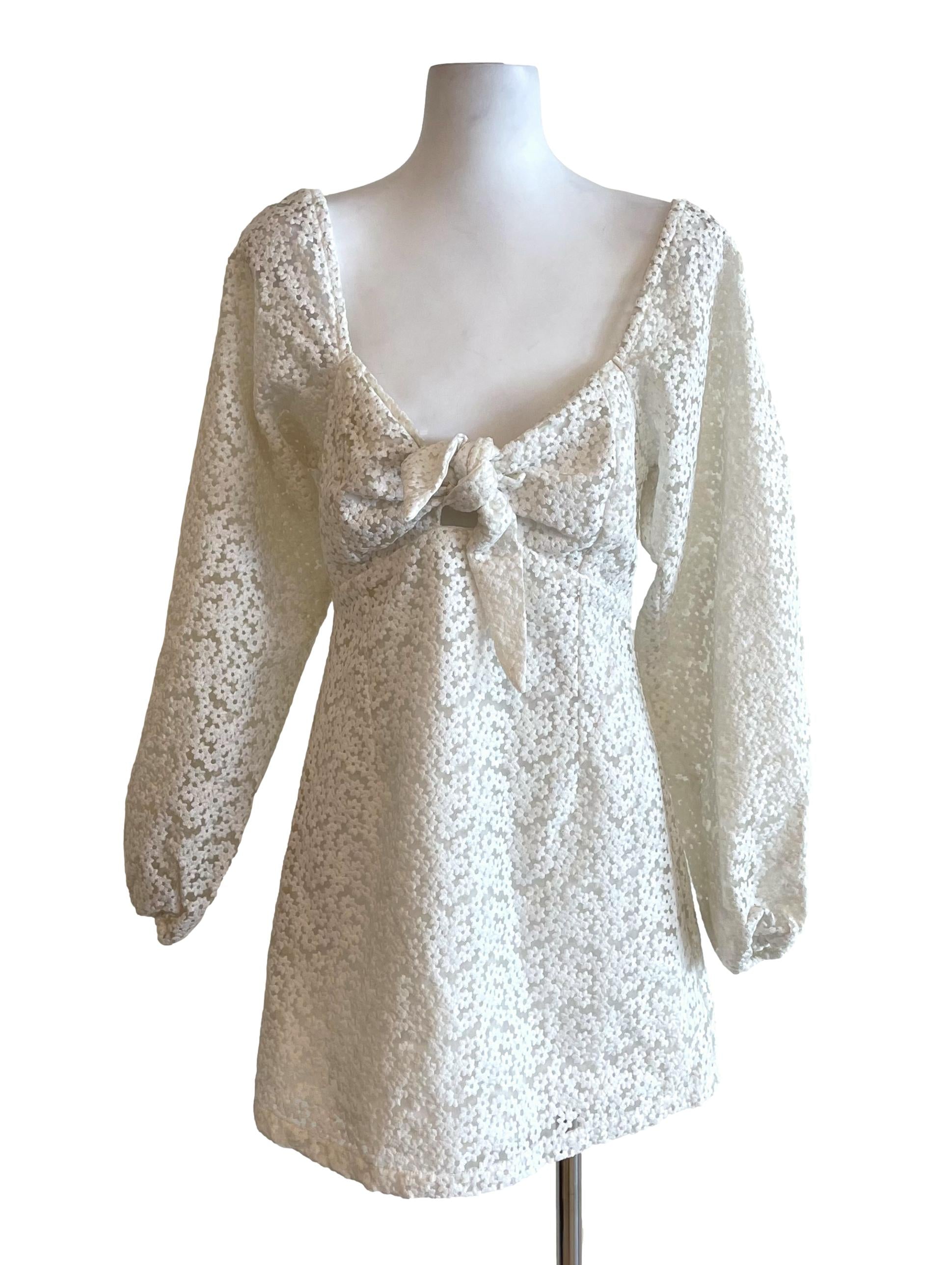 White Floral Puff Sleeves Sweetheart Dress