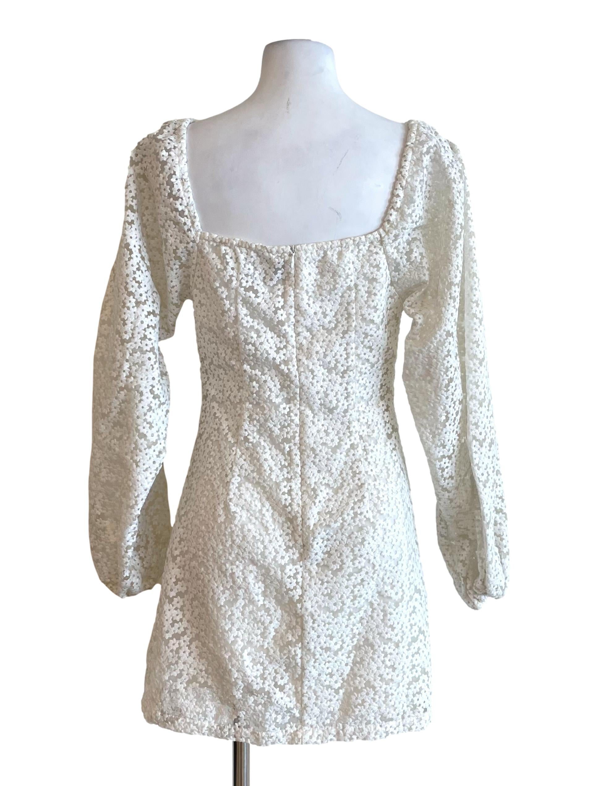 White Floral Puff Sleeves Sweetheart Dress