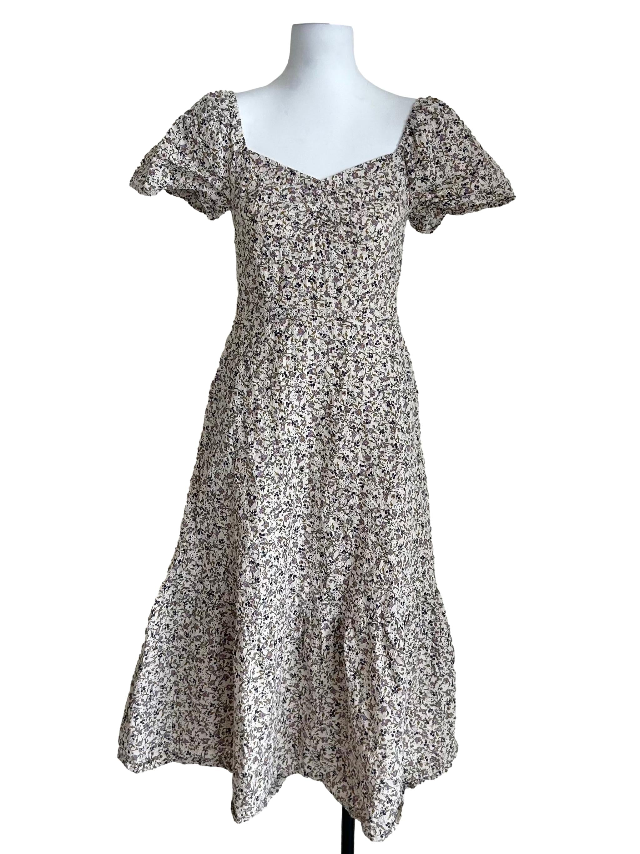 Muted Floral Puff Sleeve Midi Dress