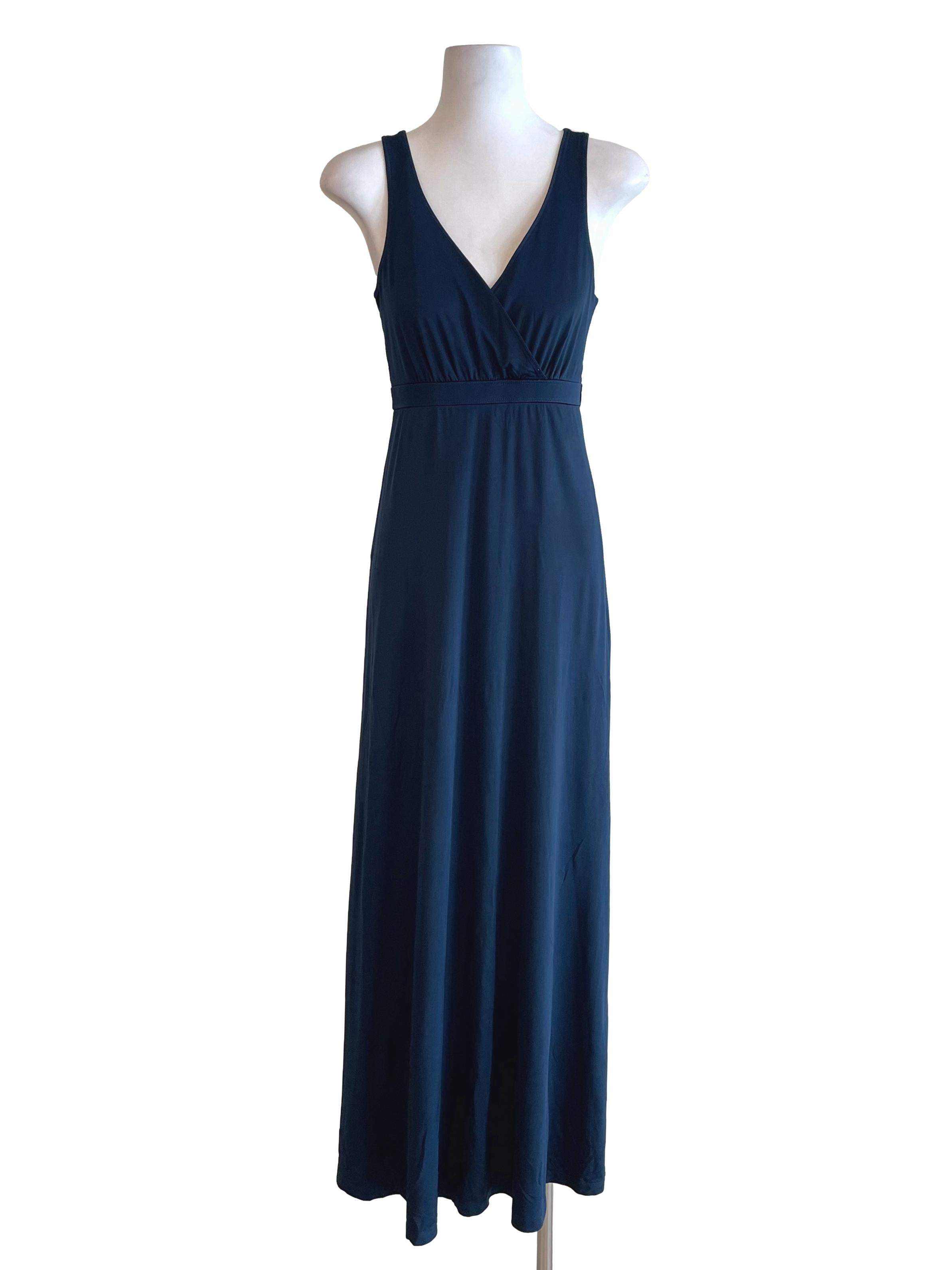 Navy V Neck Satin Dress