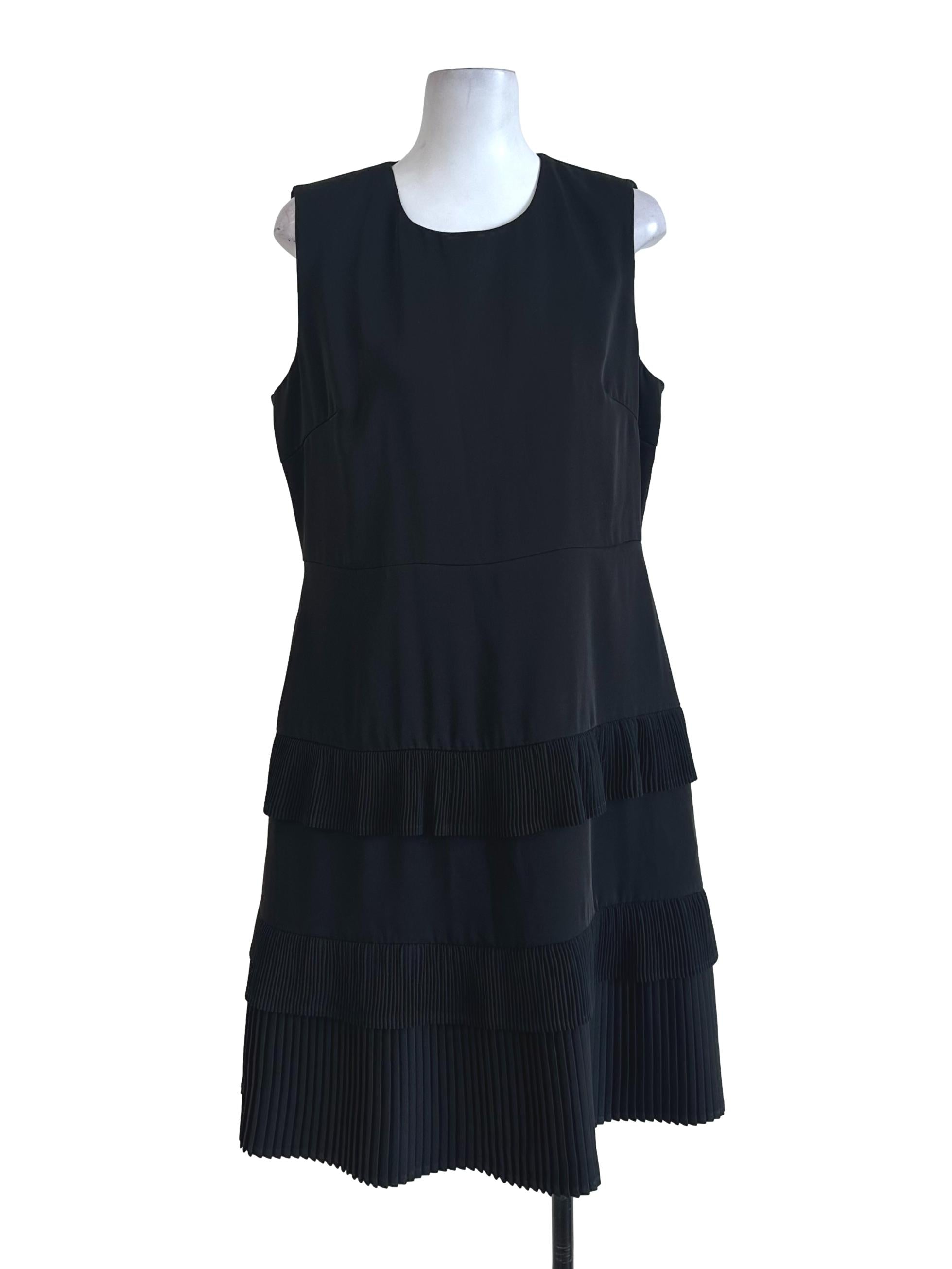 Black Plain Pleated Tiered Dress
