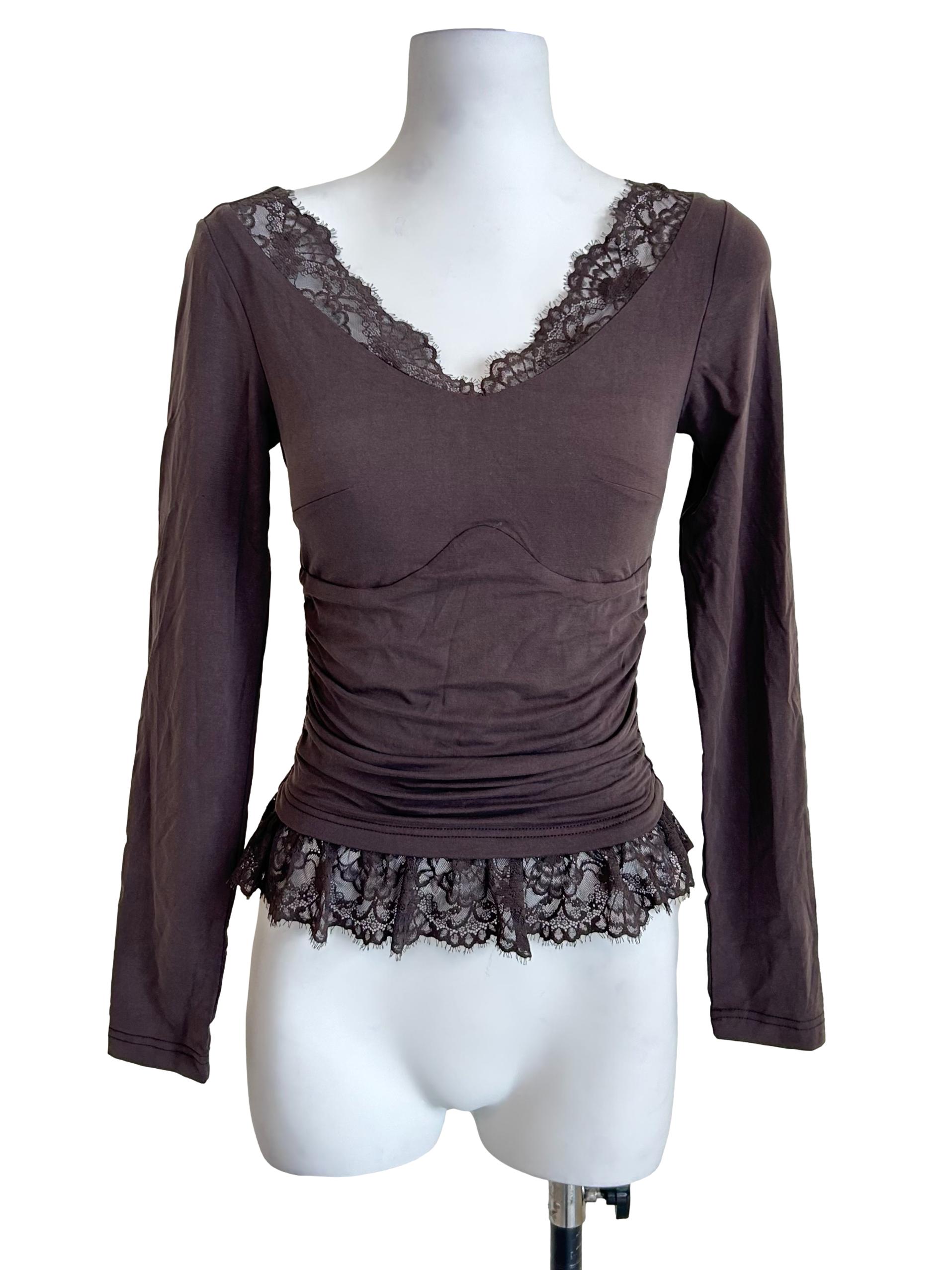 Ash Grey Lace Trim Ruched Blouse