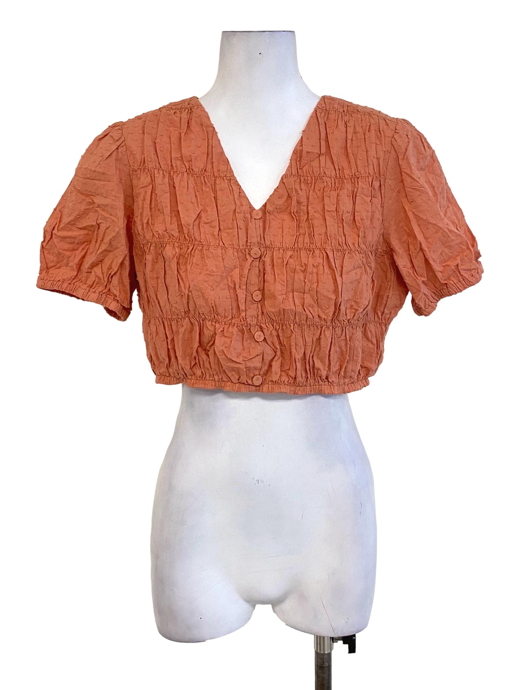 Coral Pink Embroidered Layered V-Neck Waisted Top TCL