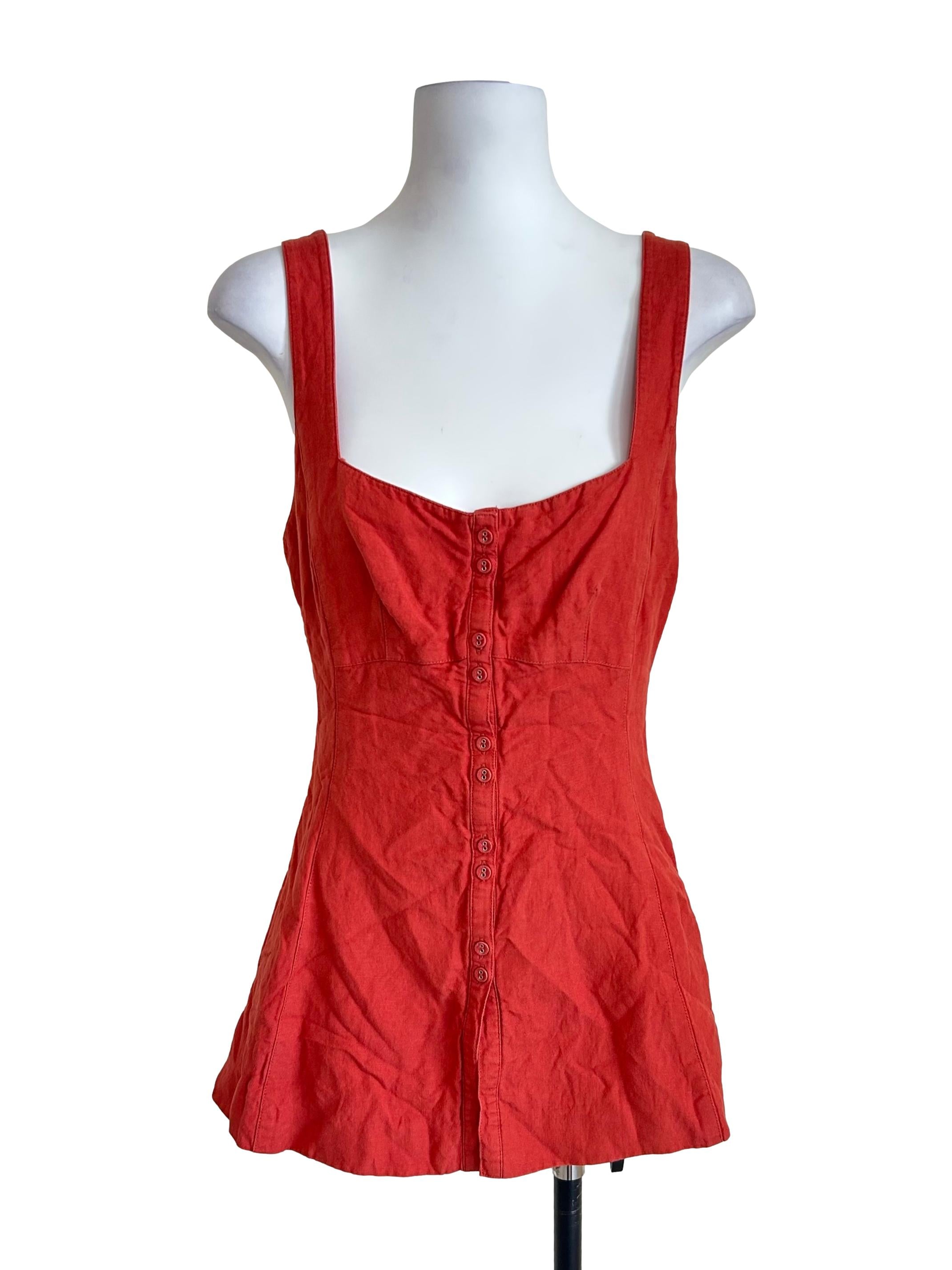 Red Button-Down Square-Neck Sleeveless Top