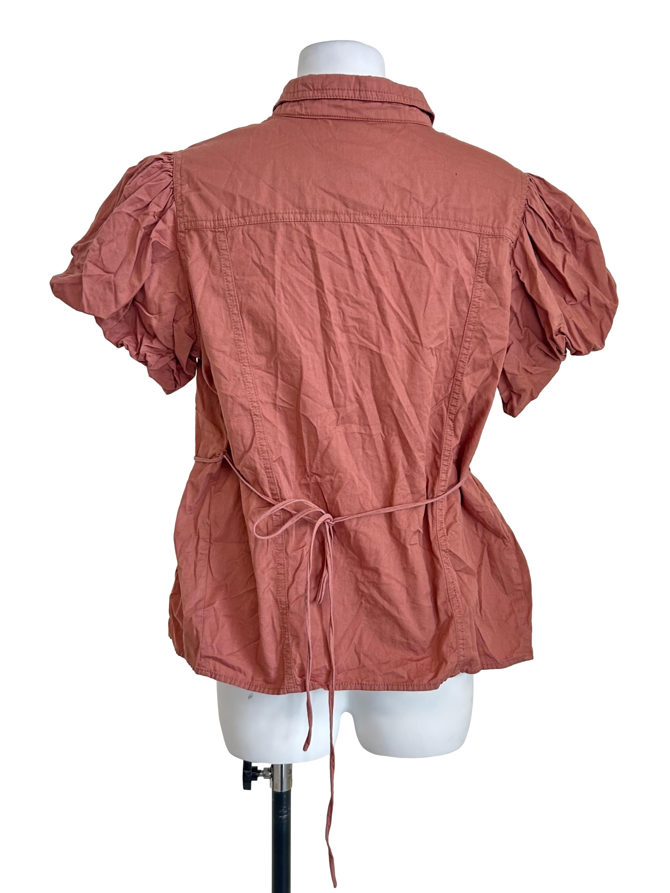 Rose Puff-Sleeve Utility Button-Up Shirt