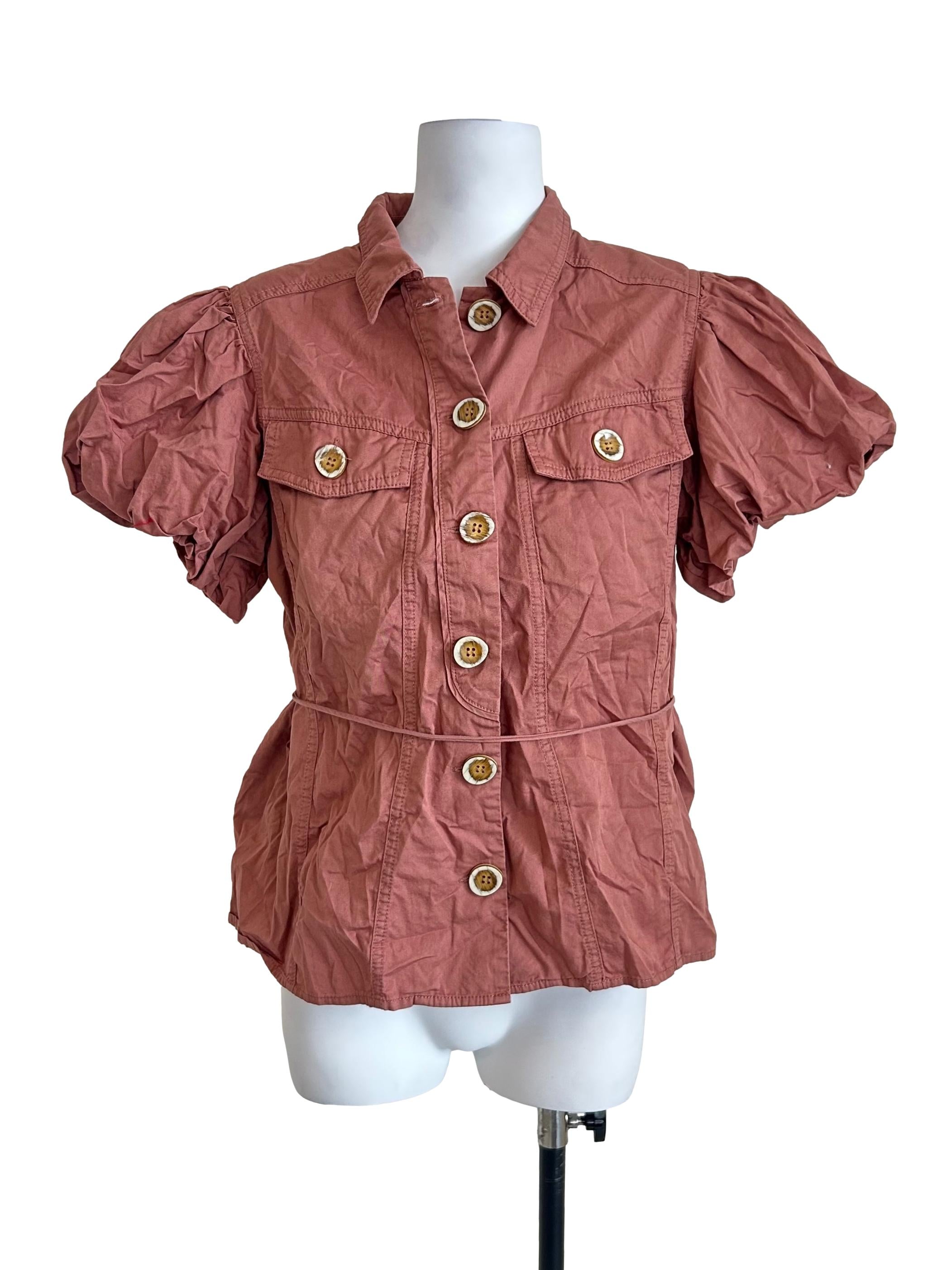 Rose Puff-Sleeve Utility Button-Up Shirt