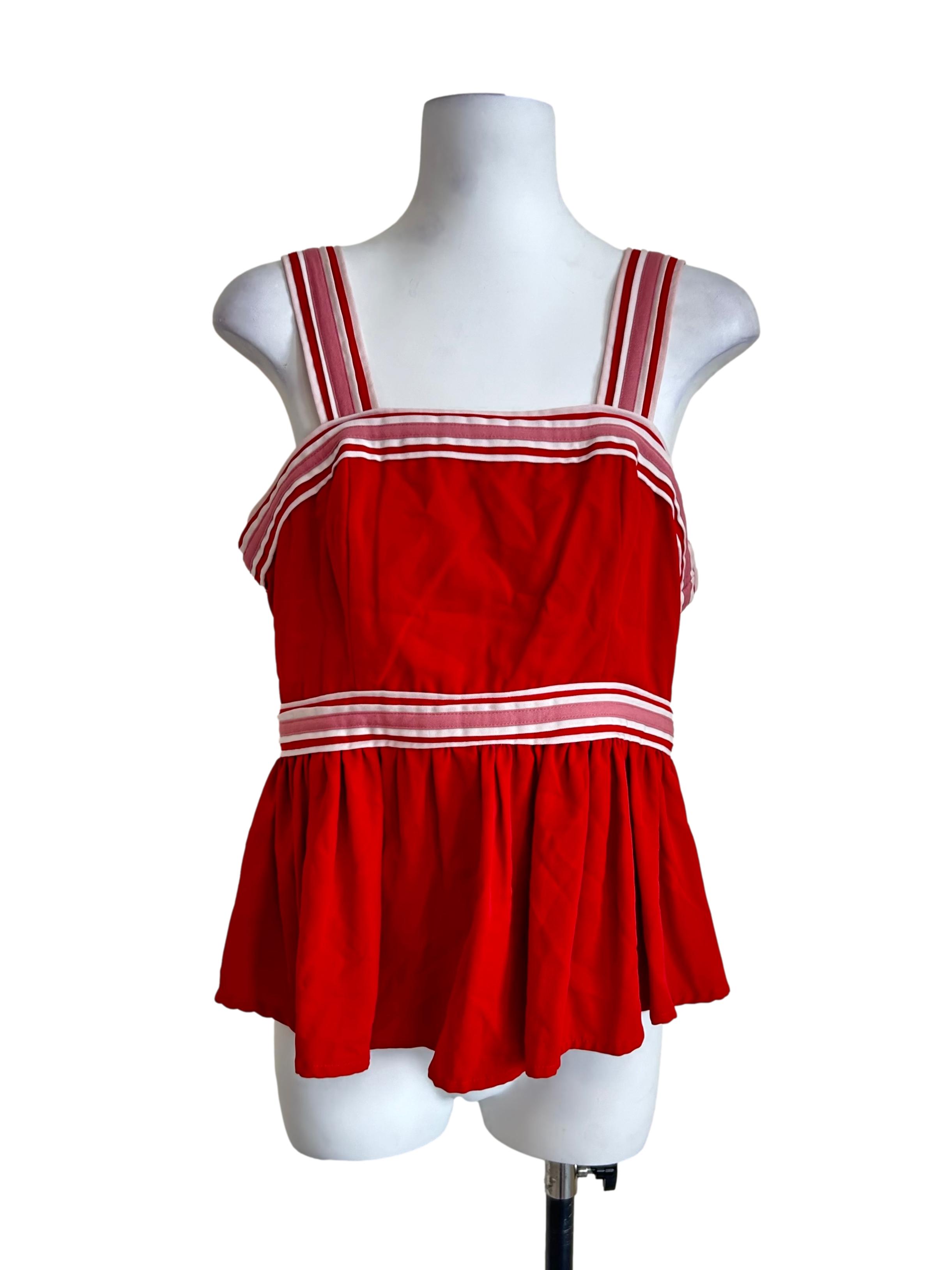 Red Striped-Trim Peplum Tank Top