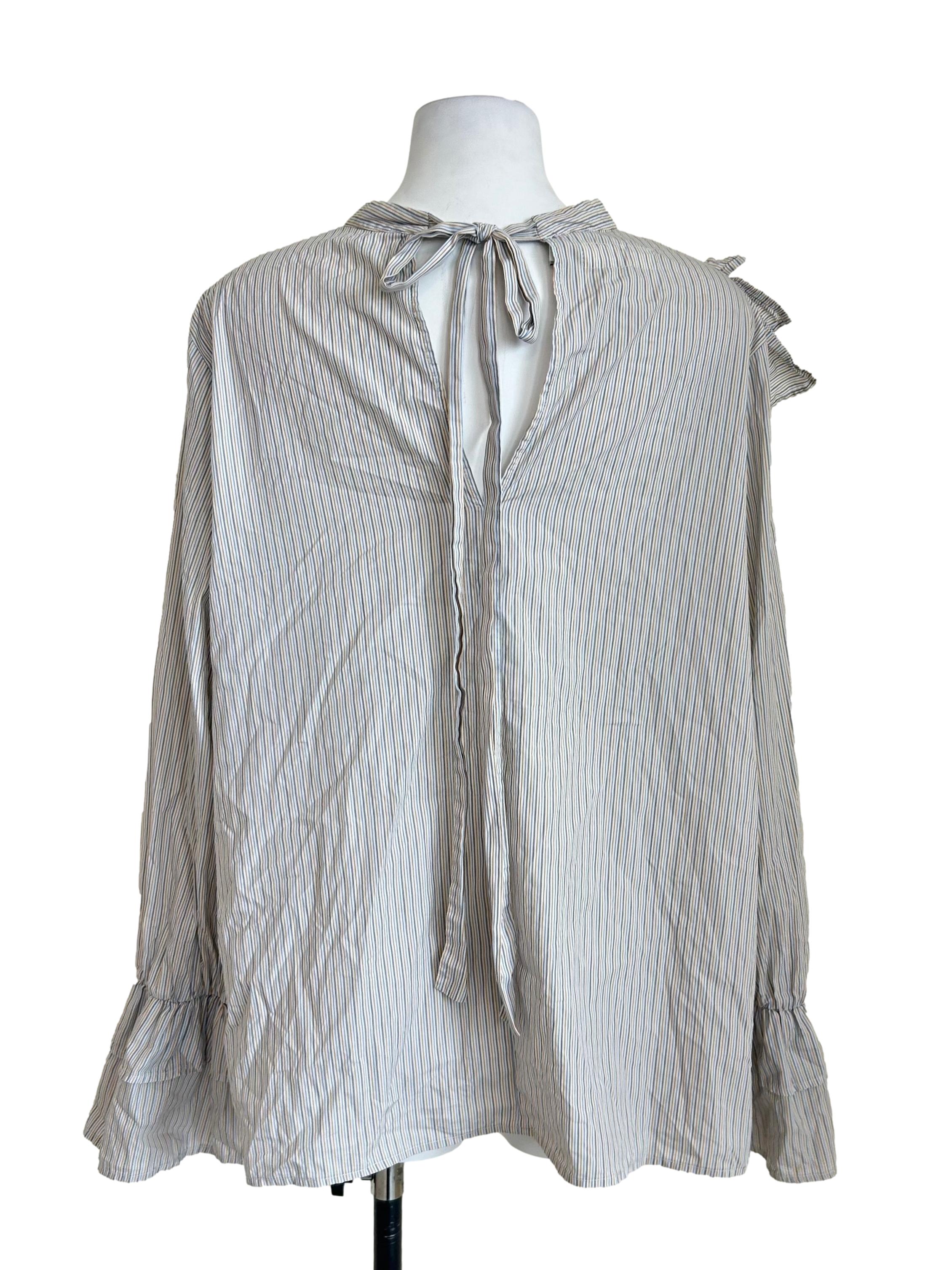 Grey Striped Asymmetrical Ruffled Blouse
