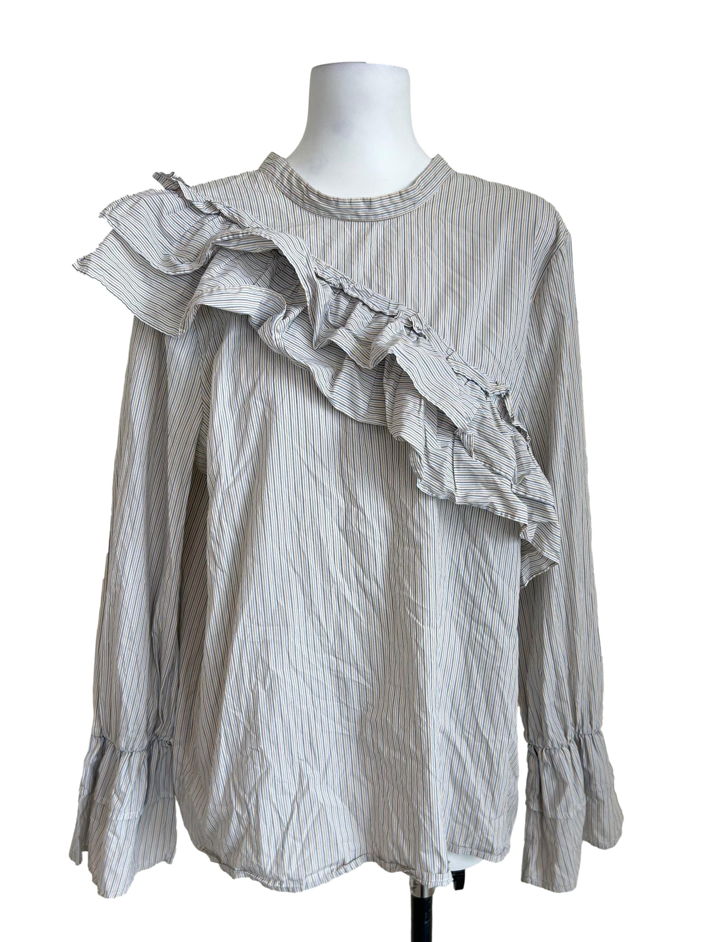 Grey Striped Asymmetrical Ruffled Blouse