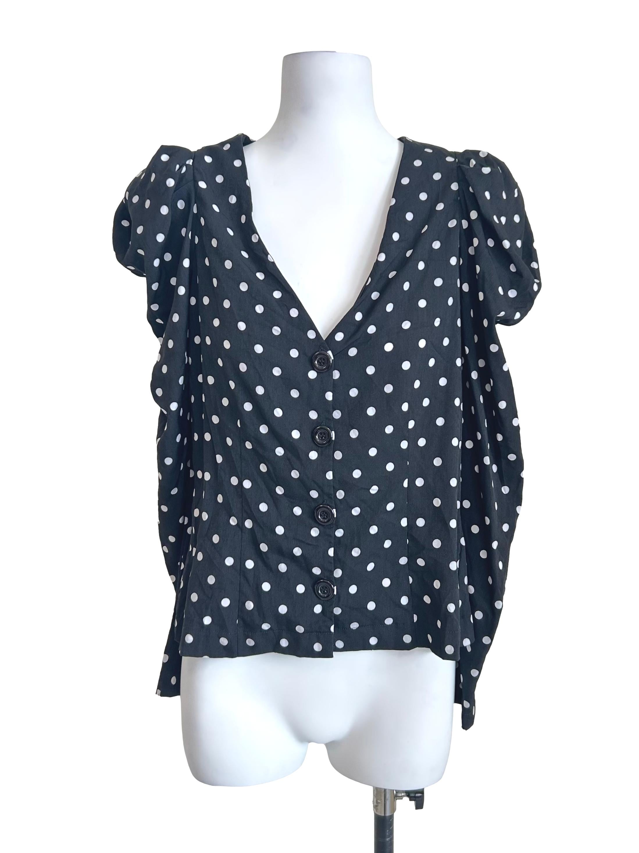 Black Polka-Dot V-Neck Buttoned Top