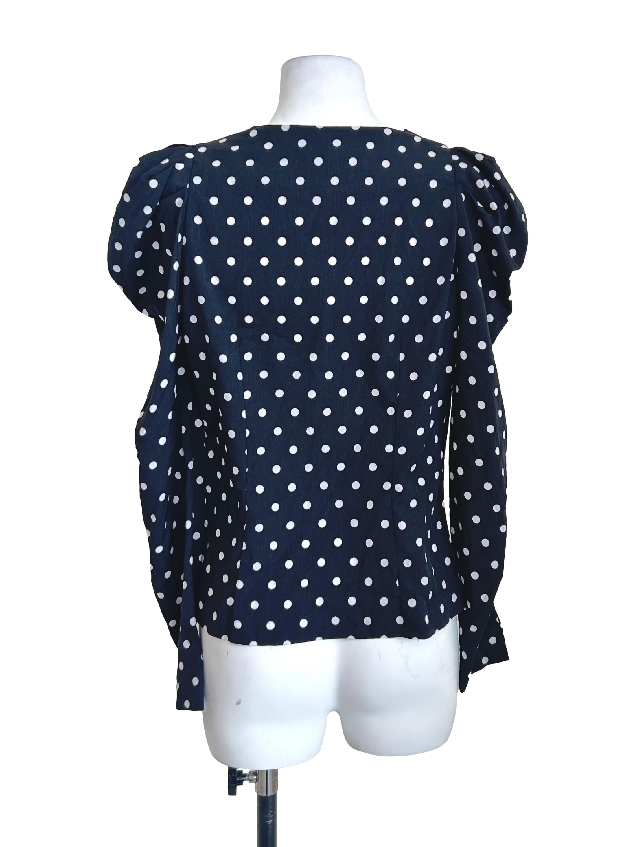 Black Polka-Dot V-Neck Buttoned Top