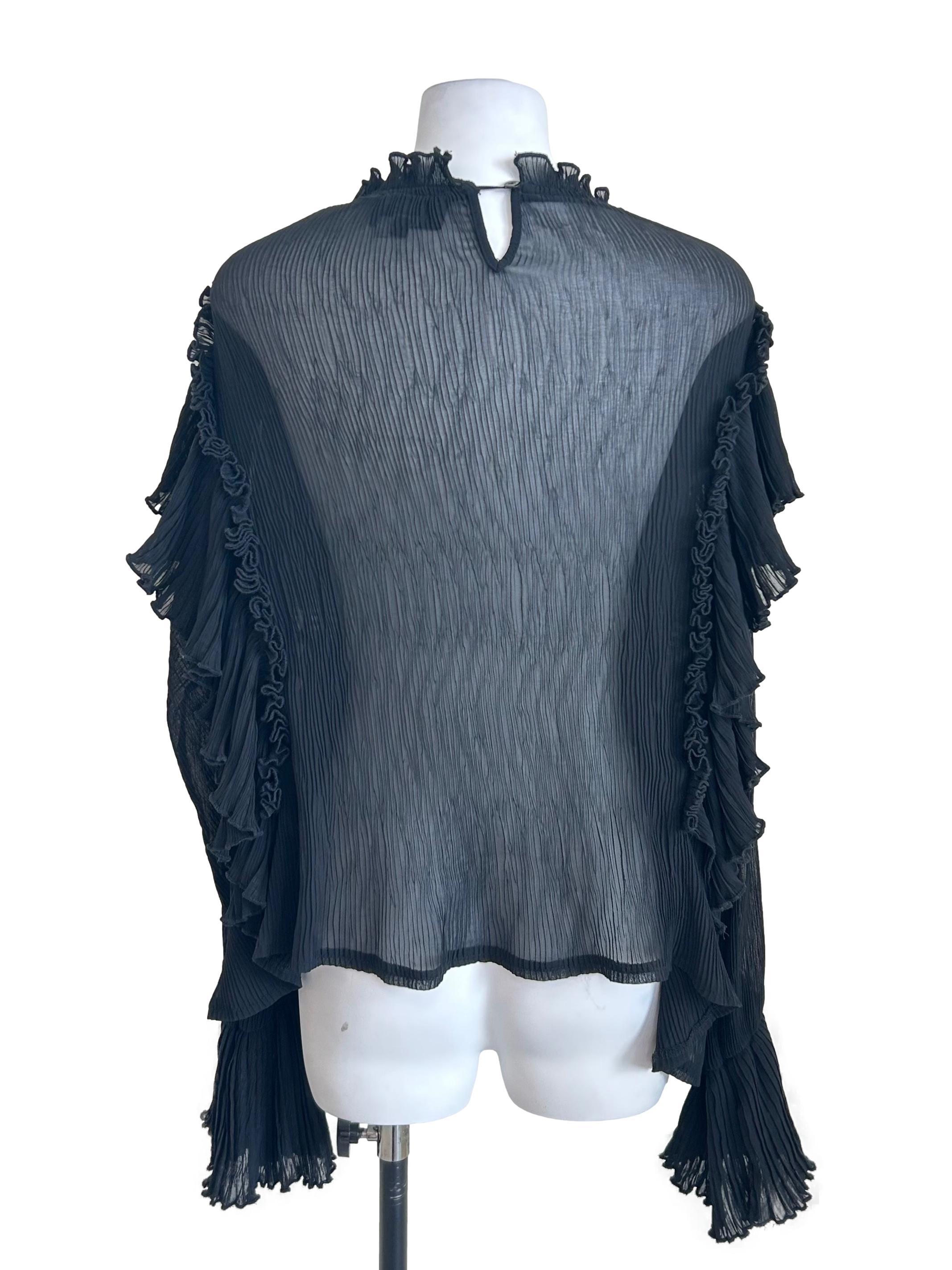 Black Sheer Pleated Ruffle Blouse