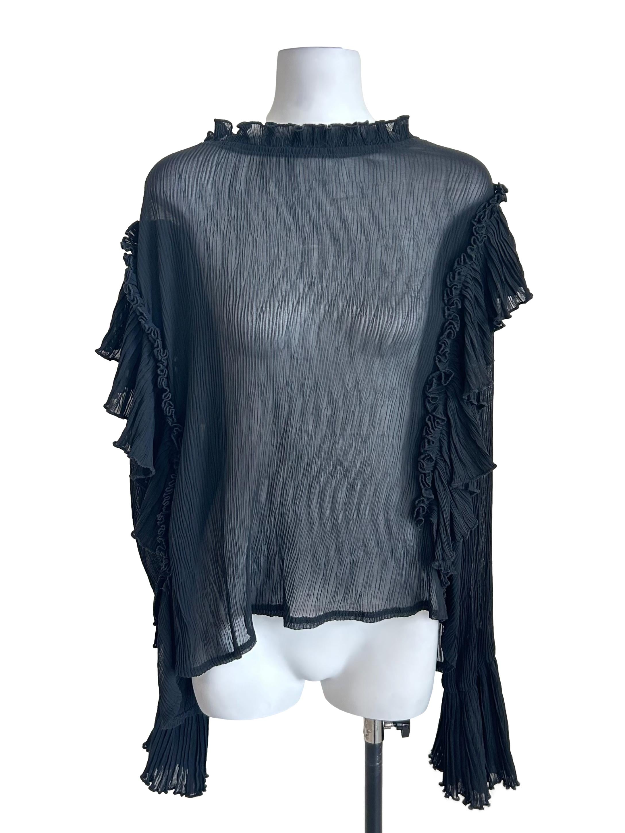 Black Sheer Pleated Ruffle Blouse