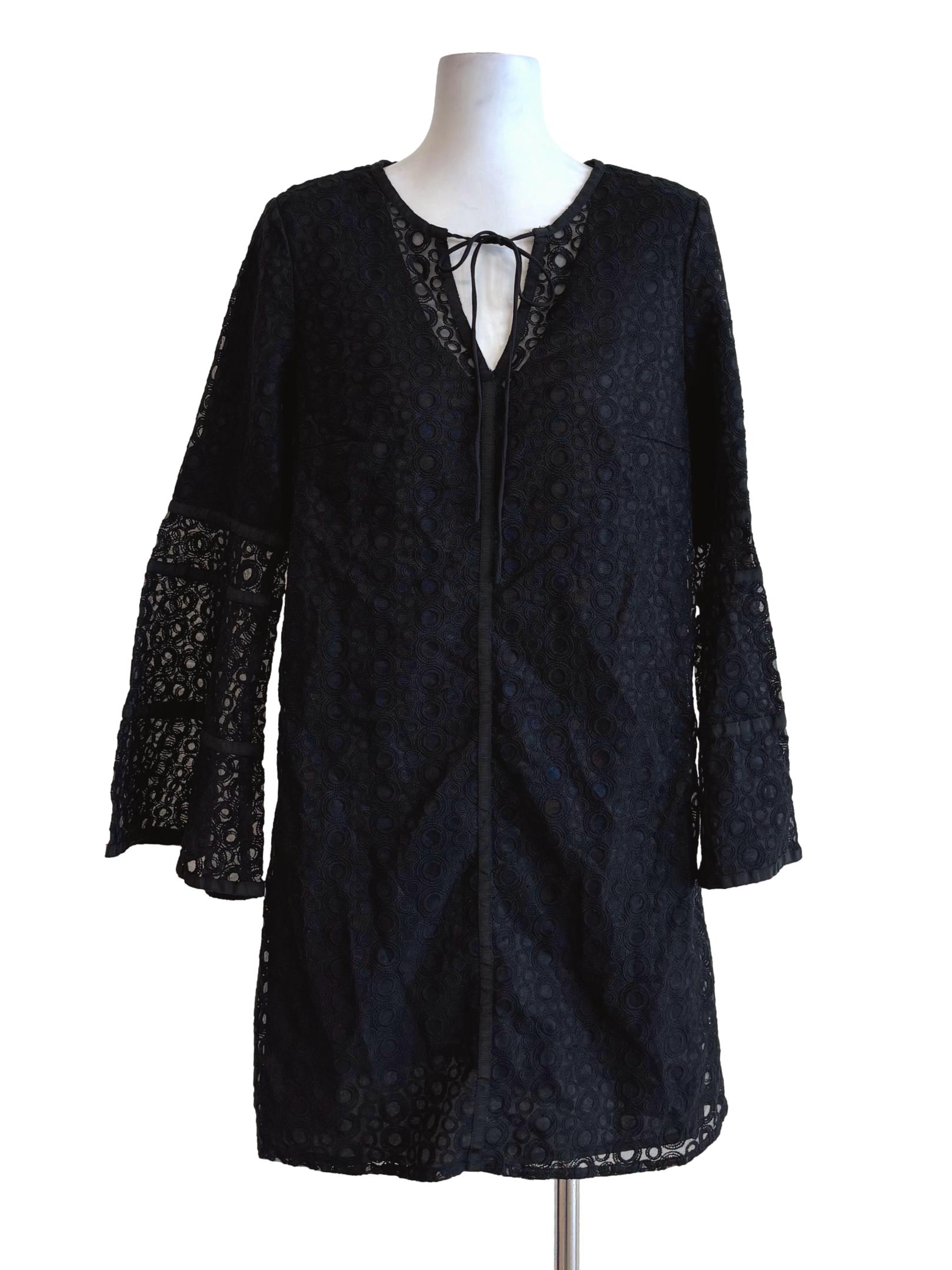 Jet Black Long Sleeve Textured Shift Dress