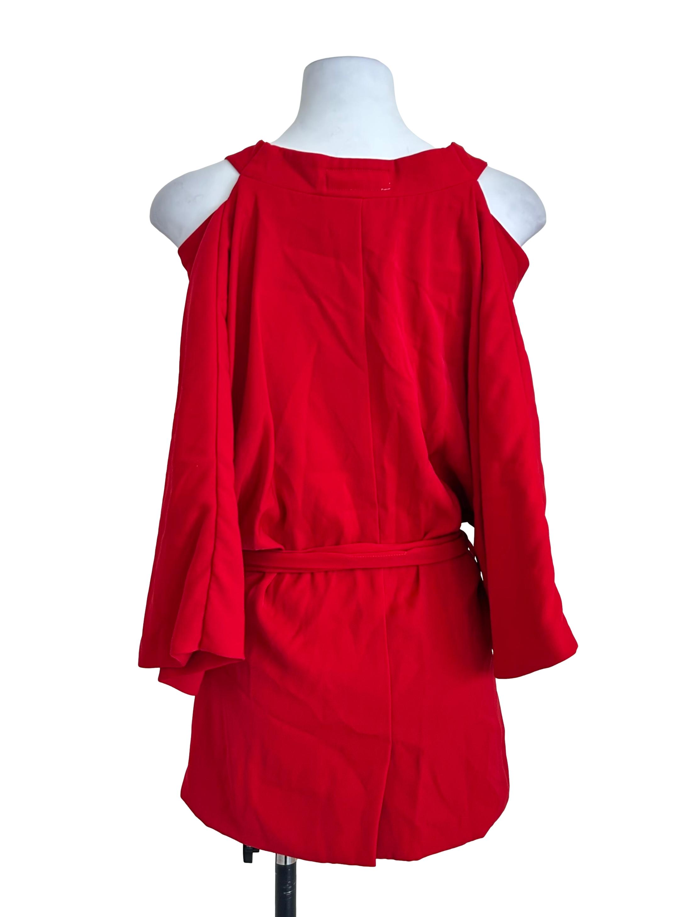 Red Cold-Shoulder Belted Cardigan
